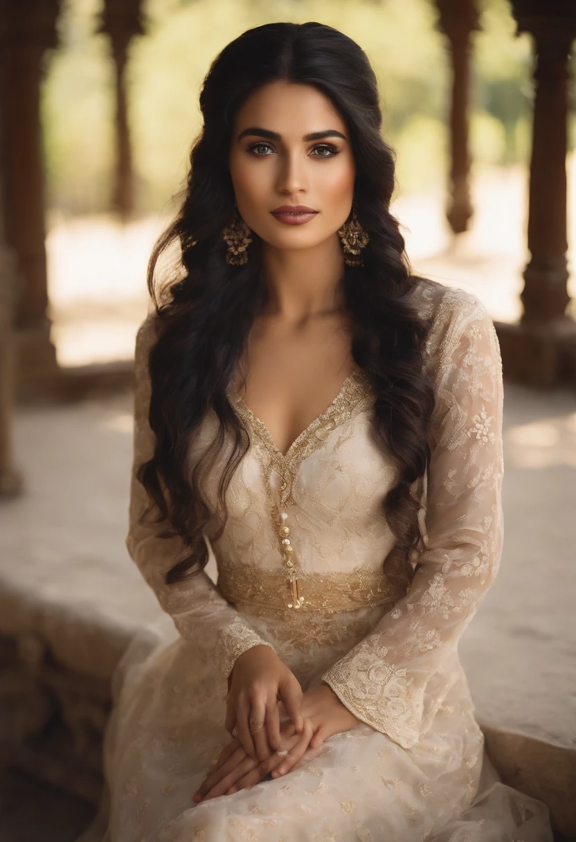 (((best quality))), (((masterpiece))), (Ultra-detailed:1.3), (Highres), official art, sunlight,1girl, adult woman, (an extremely detailed and beautiful face:1.3), sitting, (beautiful light brown eyes:1.2), long dark eyelashes, (very long black hair:1.3), fair skin, (skin dentation:1.2), long legs, (detailed hands and fingers:0.9), necklace, (white lavender dress), blush, shyness, (Realistic 2.0), beautiful background, whimsical, fantastical, 8k resolution, studio lighting