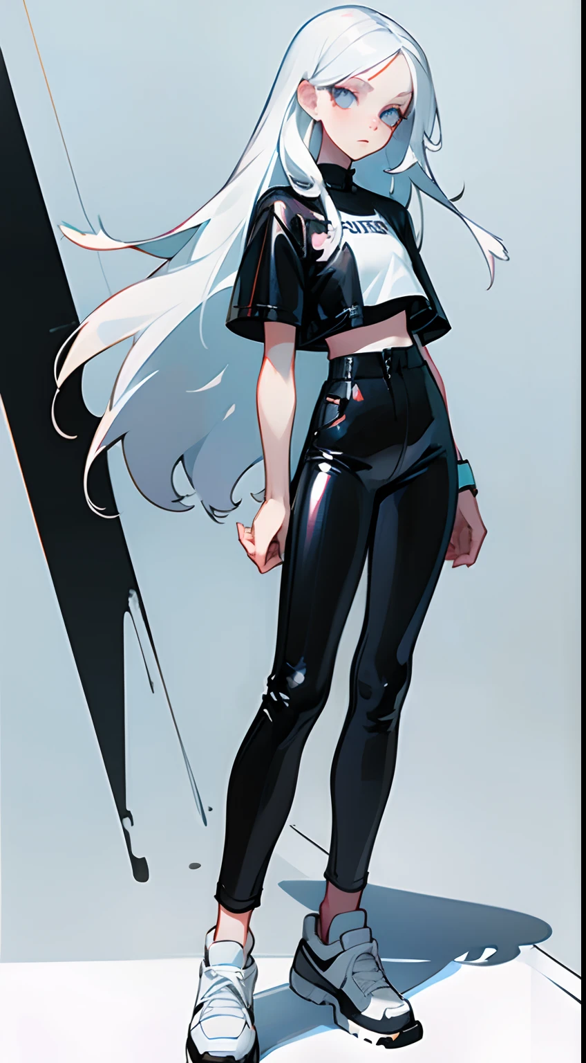 Girl with long thin white hair, White Skin Skin, Slim, beatiful face, little chest, wearing black leather pants and a white t-shirt, white sneakers, Full-length