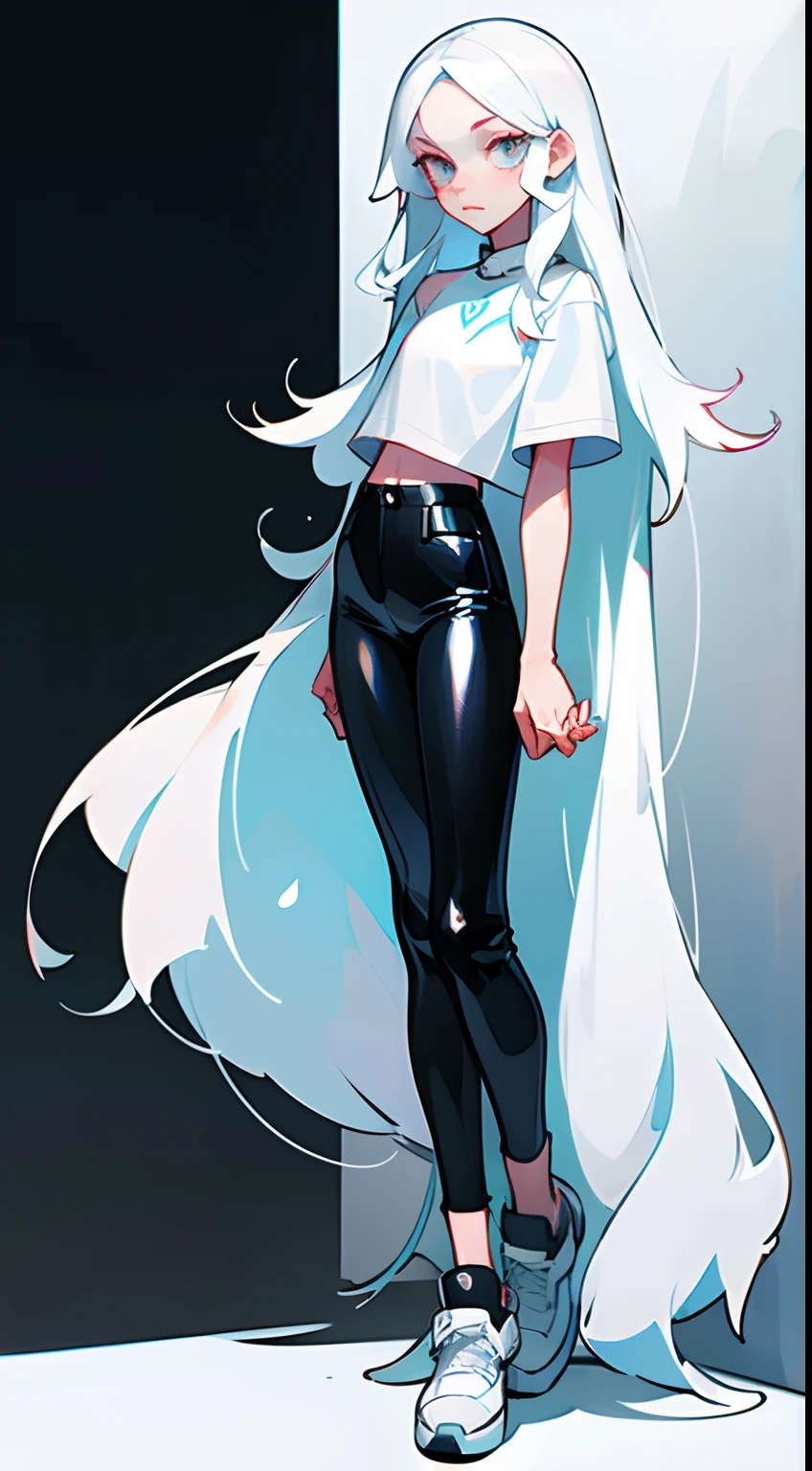 Girl with long thin white hair, White Skin Skin, Slim, beatiful face, little chest, wearing black leather pants and a white t-shirt, white sneakers, Full-length