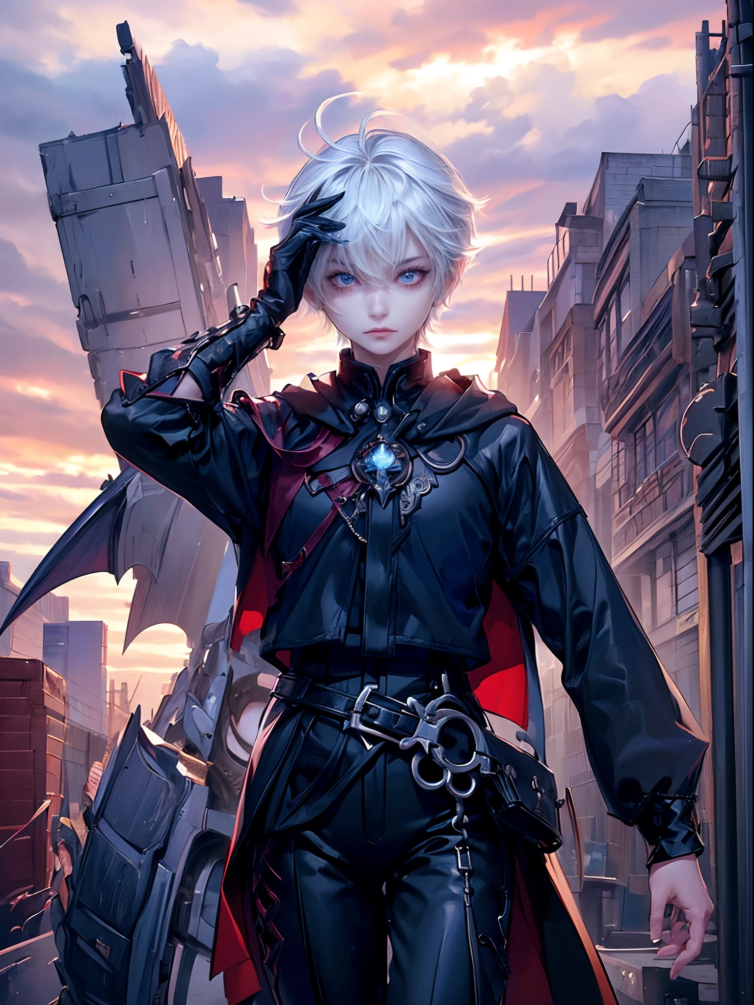 ((4K works))、​masterpiece、(top-quality)、One Beautiful Girl、One Evil Man、((Male and female photos))、Slim body、tall、((Black Y-shirt and white pants、Charming street style))、Please wear one jacket、Wearing a hood to hide his face、(Detailed beautiful eyes)、Midnight Combat、In the fight against the demon man、((In battle on a cloudy sky))、((Two are fighting while flying in the sky))、((Flying in the sky))、saddened、suffocating、desolate、((Pitch black sky))、((Face similar to Carly Rae Jepsen))、((Short-haired white hair))、((Smaller face))、((Neutral face))、((With a woman with bright blue eyes))、((Devil Man With Bright Red Eyes))、((American Adult Women and Men))、((Adult female and male 26 years old))、((With cool ladies))、((demon male))、((Like a celebrity))、((Korean Makeup))、((elongated and sharp eyes))、((angry expressions))、((In the fight with the sword))、((boyish))、Professional Photos、((Shot by two))、((She's fighting demon men))、((She is in front of the viewer))、((She is fighting in a distant place))、((In front of her is an evil man flying))、((She is flying in the sky and fighting))、horor、Photos of sadness、((Photos during the battle))