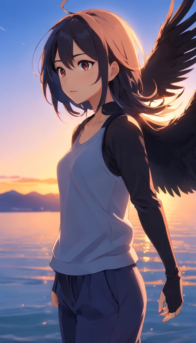masterpiece, best quality, movie still, 1girl, monstergirl, crow woman, full body, portrait, detailed (eyes), long (hair), perfect body, proportional body, crow|raven wings, deep look, wearing (top and pants), close-up, cold soft lighting, sunset, (aura:0.7)