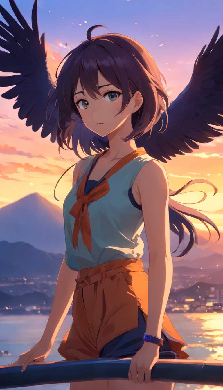 masterpiece, best quality, movie still, 1girl, monstergirl, crow woman, full body, portrait, detailed (eyes), long (hair), perfect body, proportional body, crow|raven wings, deep look, wearing (top and pants), close-up, cold soft lighting, sunset, (aura:0.7)