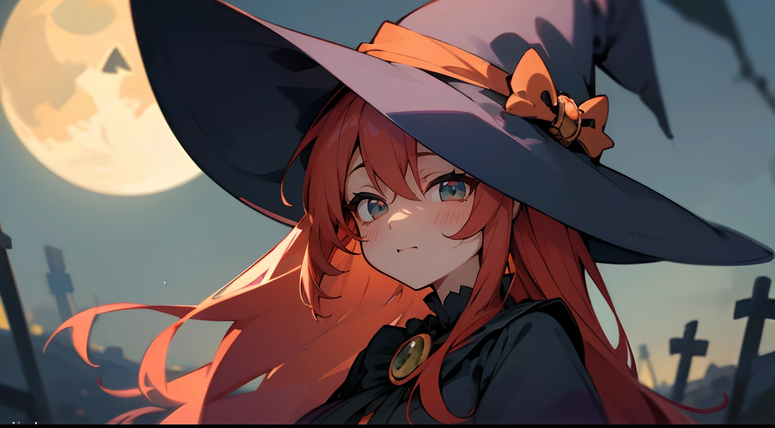 ((​masterpiece:1.4、top-quality)) 、(Close up of a woman in a witch costume、Smiling and looking at the camera、She wears a skull brooch and hair tie、red hairs、Black eyes、kawaii、) 、Splash Art Anime Style, 🍂 Cute, halloween art style, flirty anime witch casting magic, ❤🔥🍄🌪, halloween celebration, Witch Girl, trick or treat, bright witch, kawaii、Halloween Style,The background is a haunted house lit by pumpkins and moonlight、Bats are flying、