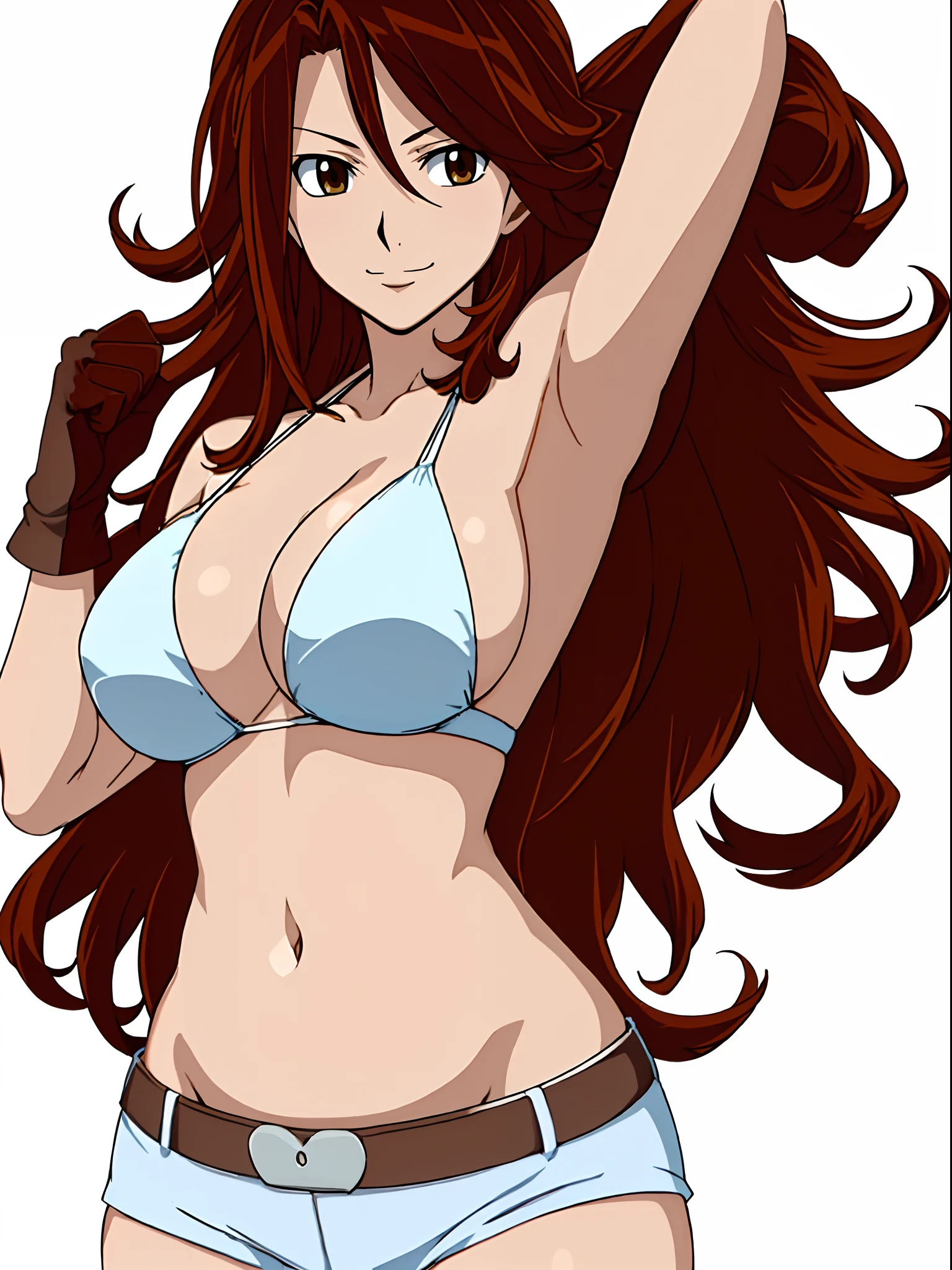 Best Quality, hires, curvy midsection, ((solo)), strong woman, female wrestler, smile, happy), upper body only, anime style: 1.8, anime drawing, ultra detailed face, ultra detailed body, 4k, Sumergai Lee Noriega, (standing), best quality, anime style, hires, highest definition, digital blending, bold drawing lines, (((White Background))), ( pro female wrestler, long attractive belly, slim body, (strong arm muscles), broad shoulders , off-shoulders, closed fists, (very curvy: 2.8)), ((elegant red bikini , shorts, white gloves, arm band, arm band, (champion belt))), (pale skin, big breasts, closed mouth), (big eyes, brown eyes, shiny eyes), (reddish hair, loose hair, curly hair, wavy hair, long hair, missy hair), 27 years old