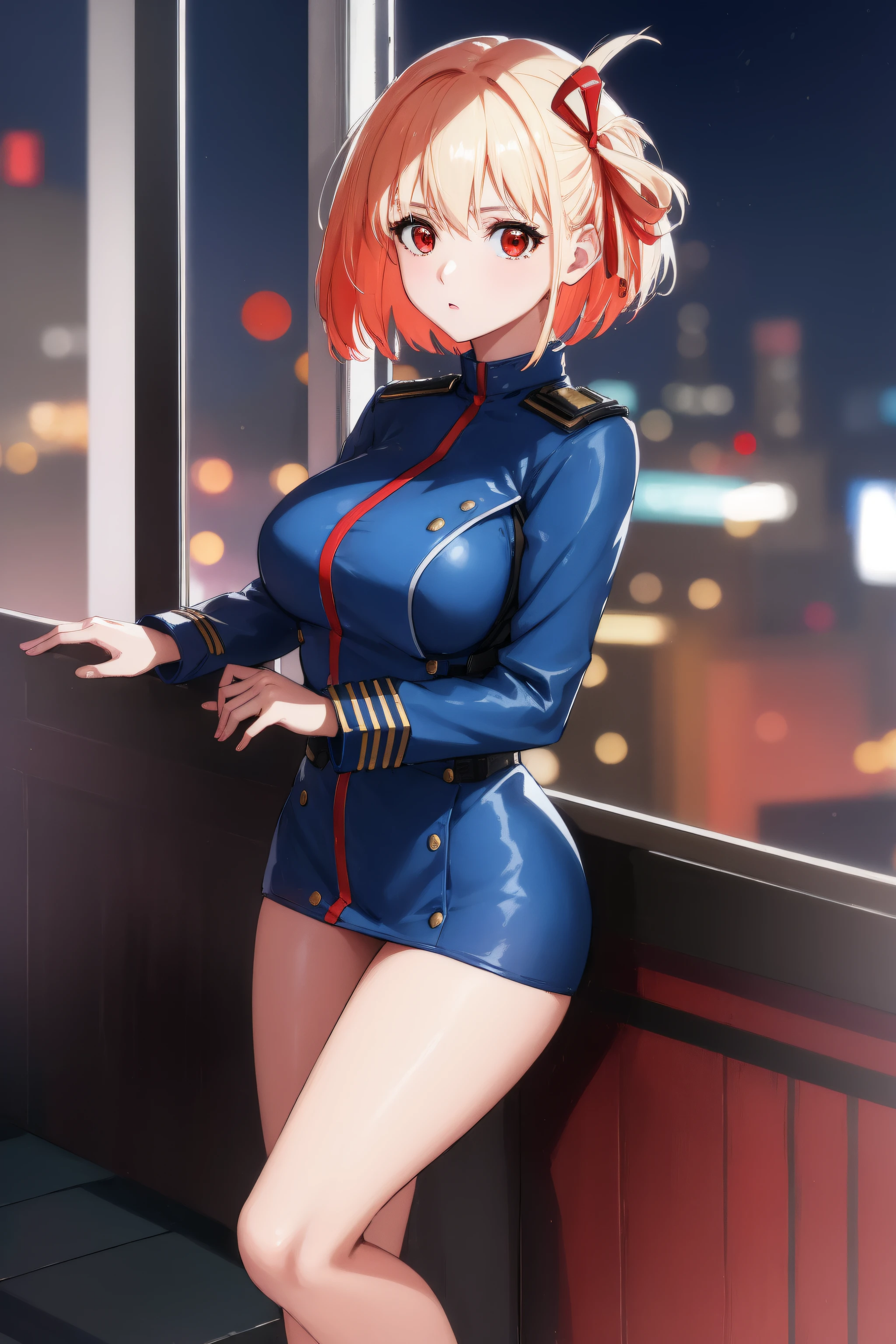 (Night:1.7), Cyberpunk_CityView, Before Window,
standing at attention,
Blue_uniform,Blue_jacket,long_sleeves,Blue_Long_pants,armor, armored_dress,a Blue_helmet on her head,
nishikigi chisato, short hair, bangs, blonde hair, (red eyes:1.5), hair ribbon, one side up, bob cut,
1 girl, 20yo,young female,Beautiful Finger,Beautiful legs,Beautiful body,Beautiful Nose,Beautiful character design, perfect eyes, perfect face,
looking at viewer, (innocent_big_eyes:1.0),(expressionless:1.3),
NSFW,official art,extremely detailed CG unity 8k wallpaper, perfect lighting,Colorful, Bright_Front_face_Lighting,
(masterpiece:1.0),(best_quality:1.0), ultra high res,4K,ultra-detailed,
photography, 8K, HDR, highres, absurdres:1.2, Kodak portra 400, film grain, blurry background, bokeh:1.2, lens flare, (vibrant_color:1.2)
(Beautiful,medium_Breasts:1.4), (beautiful_face:1.5),(narrow_waist),(perfect hands, perfect anatomy),
