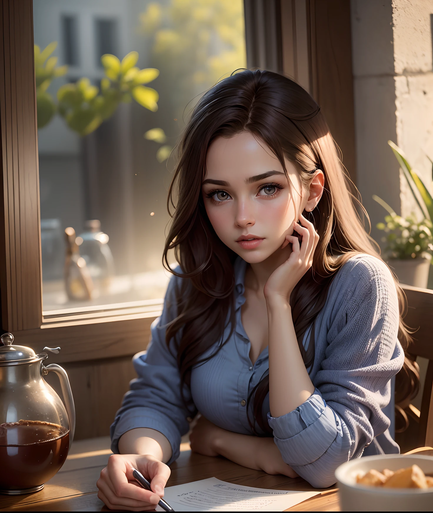 Girl 28 years old brunette sitting on chair at table in kitchen. Girl watching
Woman with realistic brown hair, brown eye, Perfect and reddened lips, 28 years old, Dressed in a blue shirt, Small Breasts Ultra Realistic, perfect lighting, Perfect photo, A hyper-realistic, real person, Greater sharpness, sitting at a table facing the window,, Modern kitchen, Detalhes realistas, Insane detailed, natural lighting, natural skin, Wallpaper Resolution: 16 x 9 --auto --s2