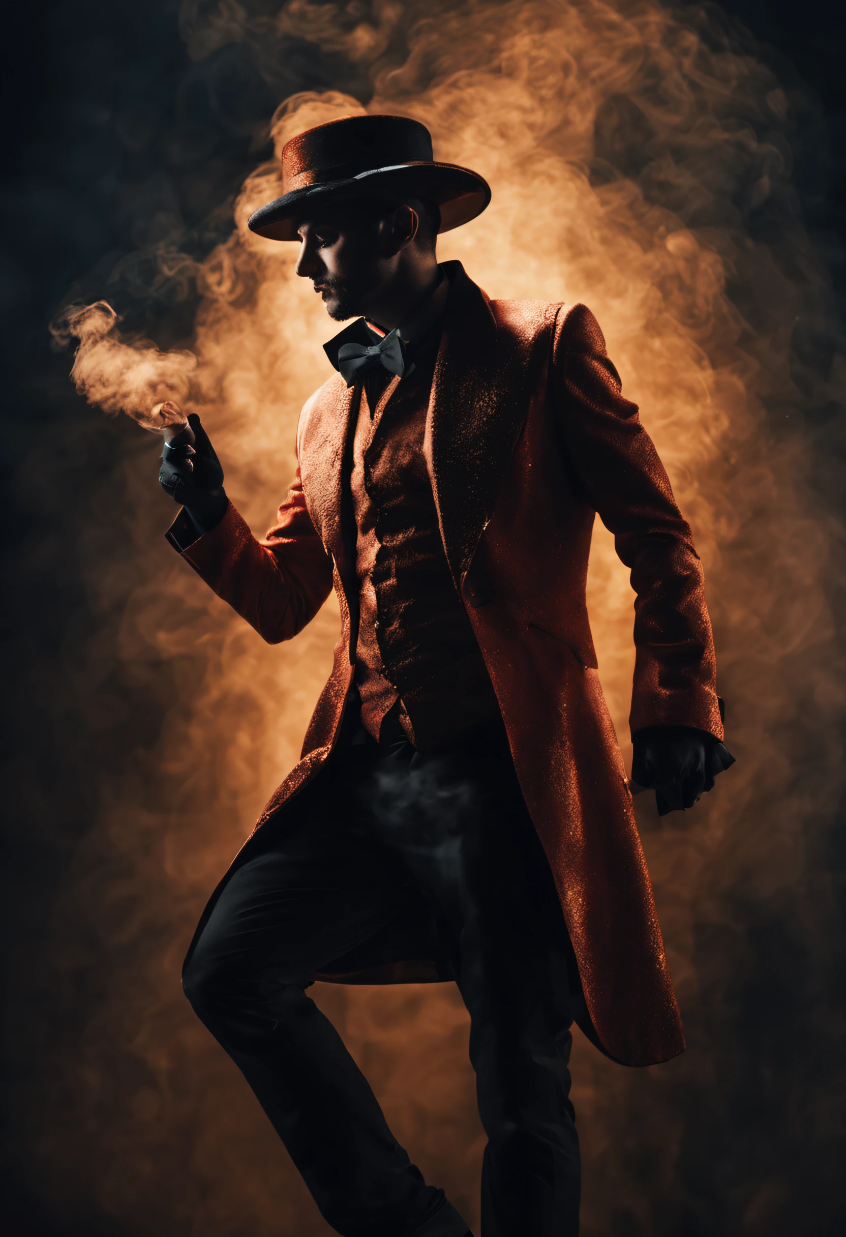 magician, semi hidden in the smoke, volumetric bokeh background, halo from behind