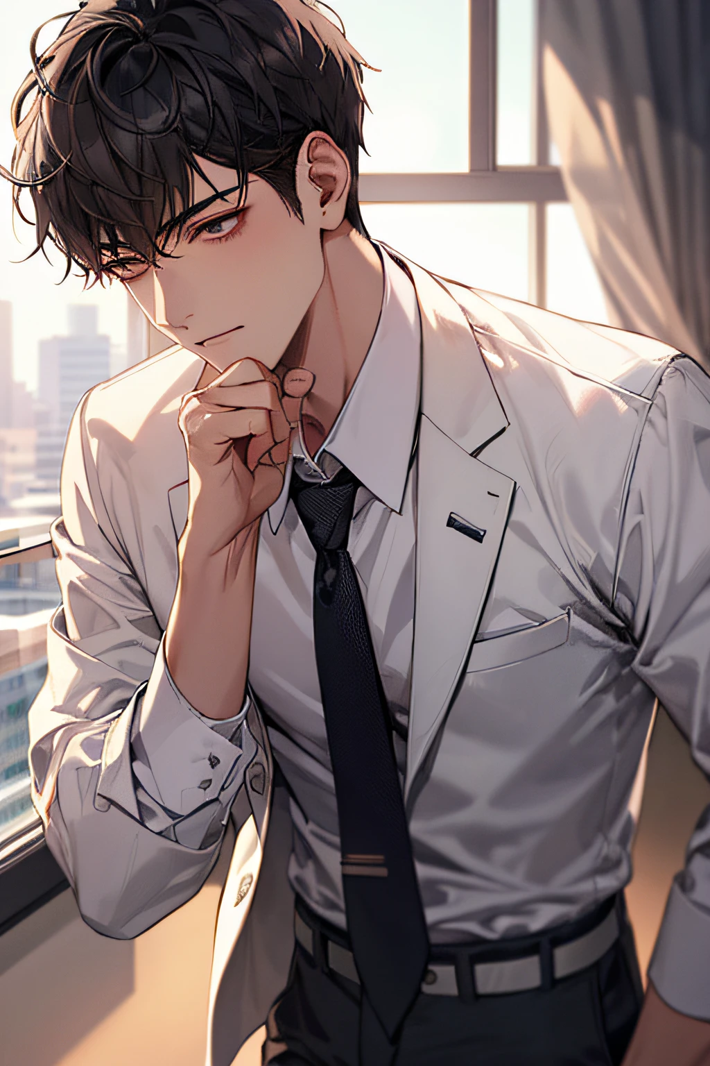 1boy, face focus, adult, business suit, jacket, white shirt, necktie, pants, best quality, hires, detailed face, office, buildings from window, detailed background, diffused sunlight, depth of field, bokeh