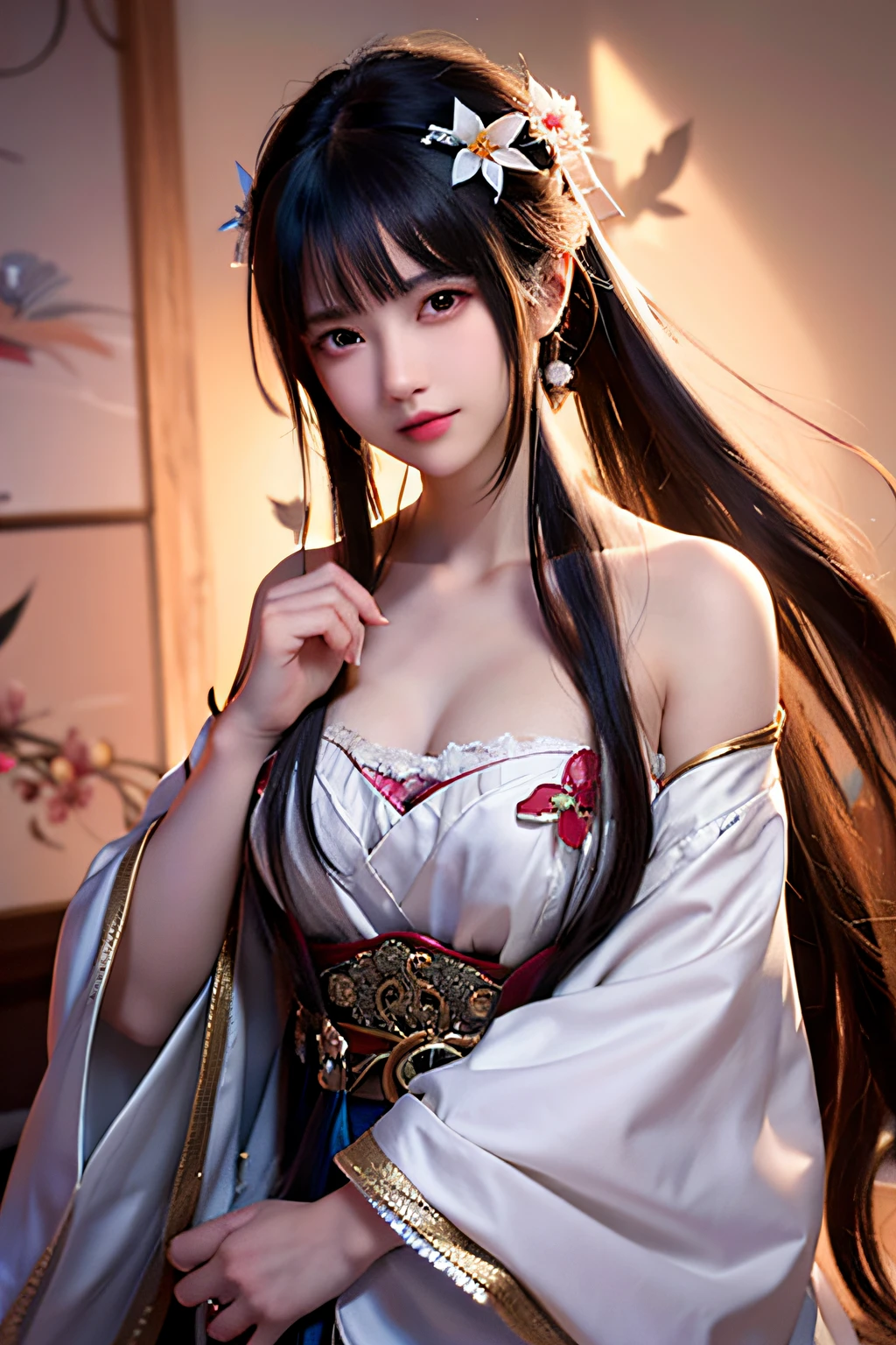 unbelievable Ridiculous,hugefilesize,ultra - detailed,the heirs,The is very detailed,Best quality at best,tmasterpiece,An extremely delicate and beautiful,The is very detailed,CG,Solidarity,8k wallpaper,An Astonishing,finely detailled,tmasterpiece,Best quality at best,offcial art,extremely detailed CGunity8k wallpapers,Anime girl with a flower in her hair and a white dress,Guviz-style artwork,Guviz,a beautiful anime portrait,Detailed portrait of a Chinese girl,Kawaii realistic portrait,stunning anime face portrait,cute anime girl portraits,portrait of an anime girl,Beautiful character painting,portrait anime girl,palaces,a girl in hanfu,beautiful anime style,ssee-through,Bigchest,There are very deep,There is light in the chest,Looming,Extremely Delicately Beautiful,Delicate collarbones,beautiful make up,Exquisite and perfect facial features,looking toward the viewer,photon maping, Radio City, physically-based renderingt, above waist