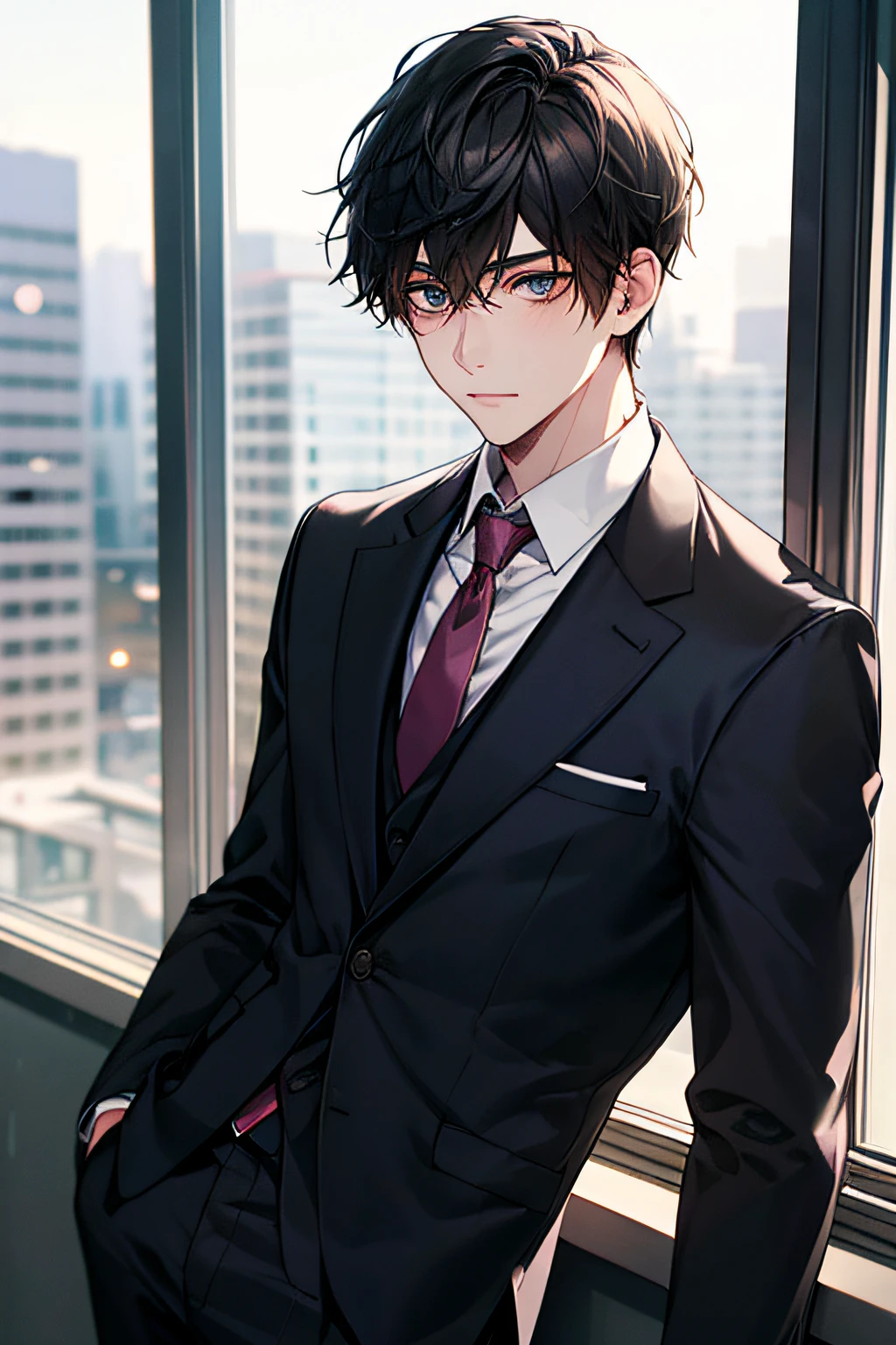 1boy, face focus, adult, business suit, jacket, white shirt, necktie, pants, best quality, hires, detailed face, office, buildings from window, detailed background, diffused sunlight, depth of field, bokeh