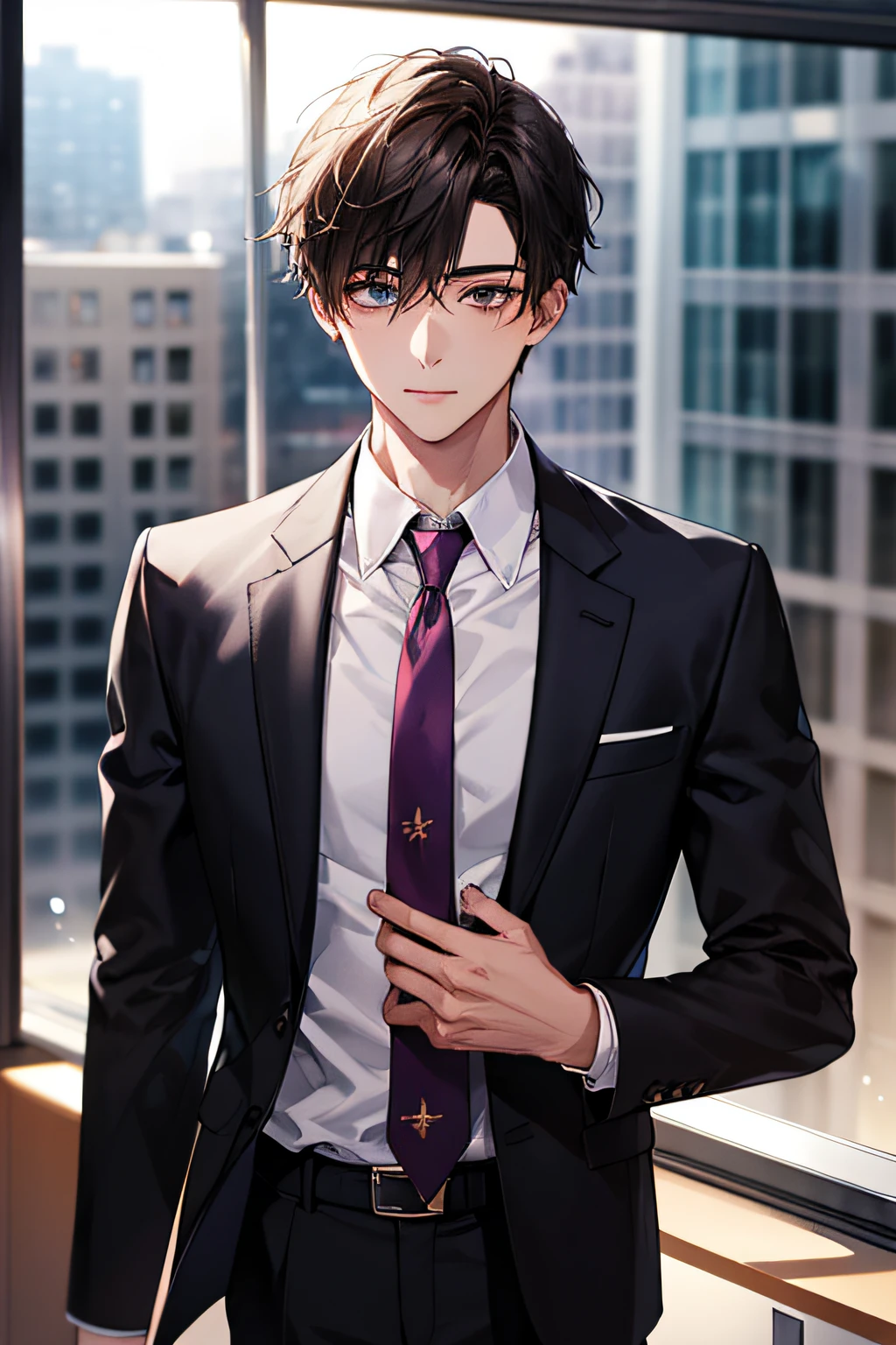 1boy, face focus, adult, business suit, jacket, white shirt, necktie, pants, best quality, hires, detailed face, office, buildings from window, detailed background, diffused sunlight, depth of field, bokeh