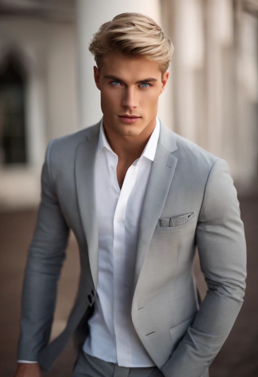 Man in gray suit with white shirt, long short blond hair, and blue eyes, attractive male, handsome male, handsome young man, handsome and attractive, blonde and attractive features, attractive man, attractive young man, cool _ hairstyle, blond man, slim man with light tanned skin, Young man with long length, black shoes, 8k