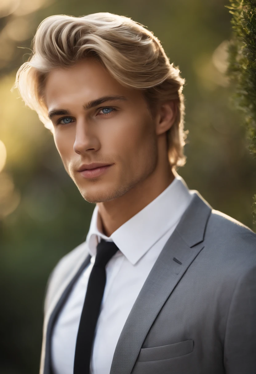 Man in gray suit with white shirt, long short blond hair, and blue eyes, attractive male, handsome male, handsome young man, handsome and attractive, blonde and attractive features, attractive man, attractive young man, cool _ hairstyle, blond man, slim man with light tanned skin, Young man with long length, black shoes, 8k