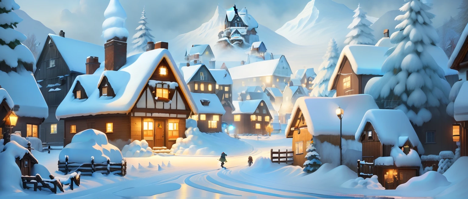 Snowy village, Arte conceitual de inverno, snowy winter christmas night, European and American cartoon illustration,Pixar art concept,concept design,colorful concept art, gameplay still, game screenshot, videogame still, Official concept art, Pixar Art, , Platoon, with splatoon style, offcial art, video game screenshot, Official artwork