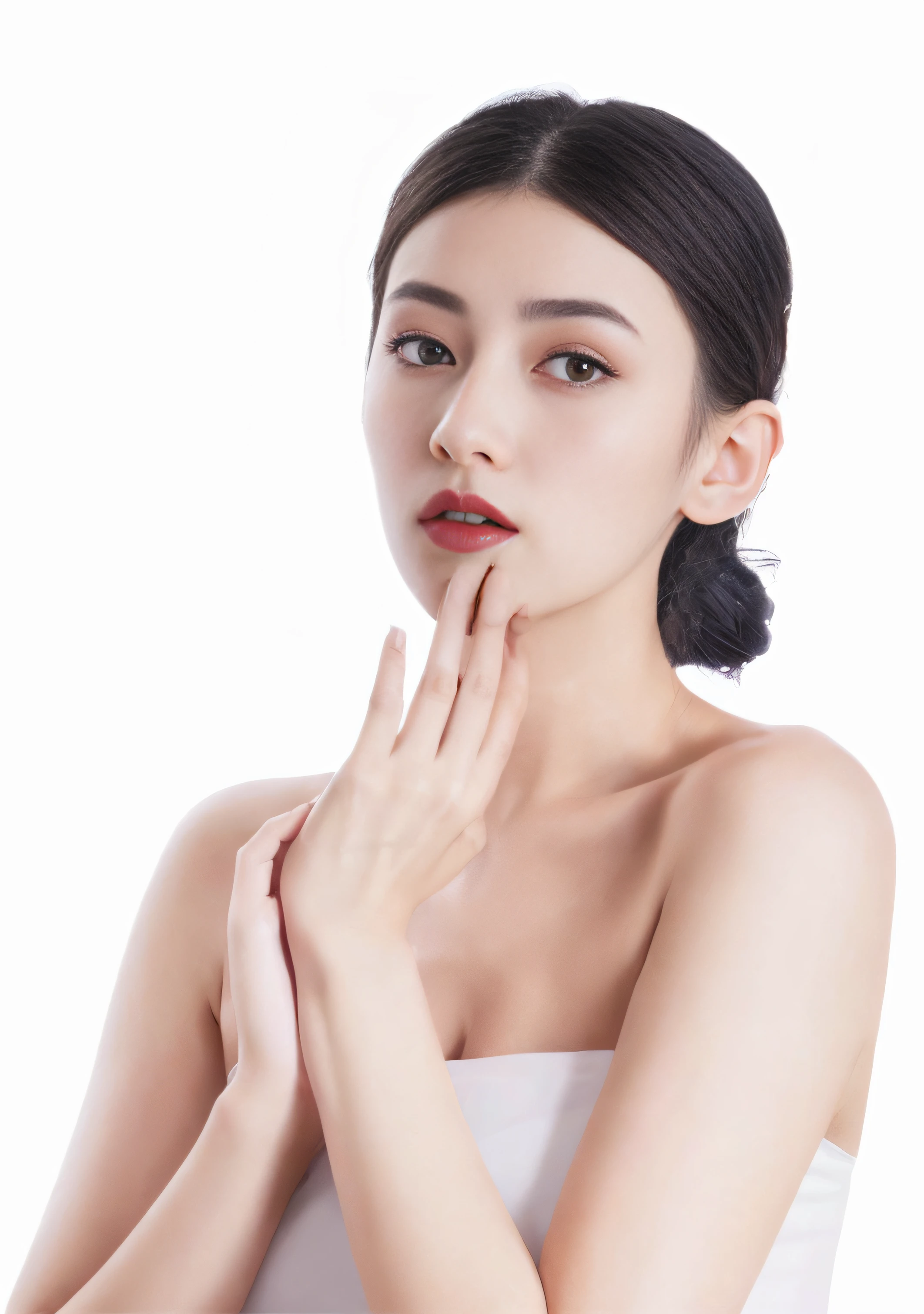 A woman who longs for a red-lipped white dress, hand on her chin, with very thin lips, Clear lips and high quality, pale thin lips, woman with porcelain skin, hand over mouth, Hand on cheek, thin face structure, Chinese woman, Pointed chin, Trembling lips, Beautuful Women, Milky white skin, Smooths lip line, Smooth porcelain skin