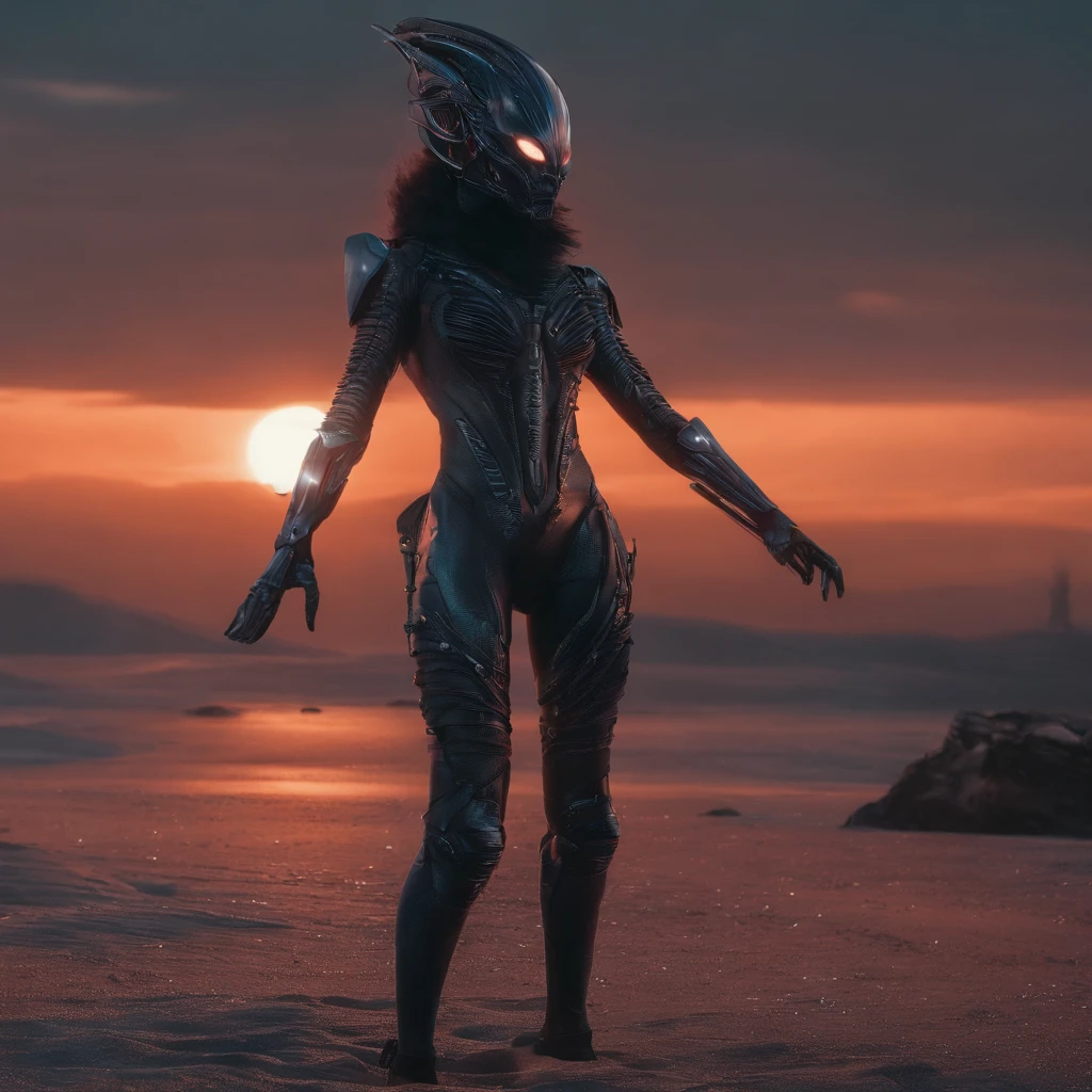 masterpiece, best quality, movie still, 1girl, monstergirl, crow woman, full body, portrait, detailed (eyes), long (hair), perfect body, proportional body, crow|raven wings, deep look, wearing (top and pants), close-up, cold soft lighting, sunset, (aura:0.7)