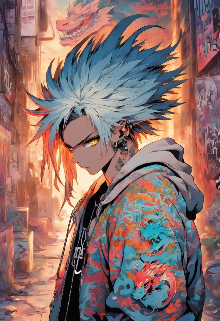 A cool and trendy dragon, white hair, blue eyes, wearing trendy hip hop clothing, wearing a hoodie, graphic t-shirt and torn jeans, tons of tattoos and piercings, graffiti style background, highly detailed background, perfect masterpiece, high quality, high resolution