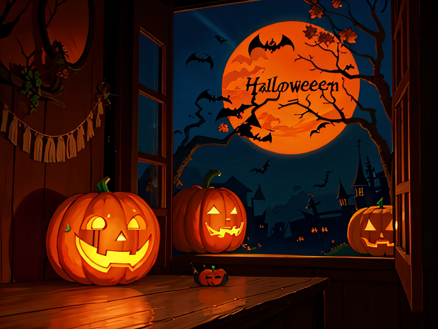 animesque,Studio Ghibli style style,Halloween, pumpkins,Viola, an orange,wall-paper