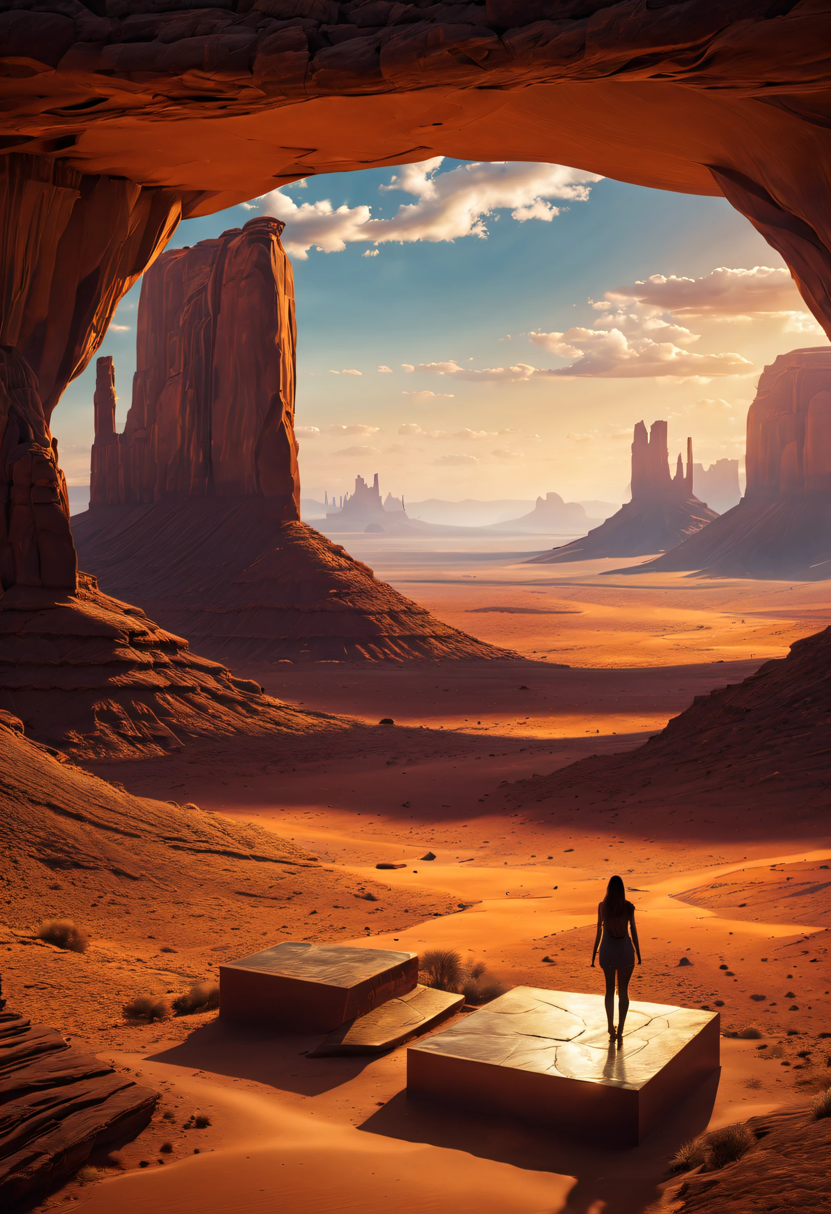 a girl standing on a floating platform in the Monument Valley,with a majestic and mysterious atmosphere,magnificent and surreal landscapes,detailed textures,captivating and dreamlike illustrations,unbelievable beauty and awe-inspiring views,impressive rock formations,unique and ancient geological features,a vibrant and colorful sunset casting a warm glow on the scene,silhouettes of towering mesas and buttes against the sky,dramatic lighting and shadows enhancing the depth and dimension of the image,a sense of vastness and infinite possibilities,harmonious blend of nature and human-made architecture,delicate and intricate designs on the platform,meticulously crafted structures with intricate patterns and motifs,sublime and otherworldly environment,aesthetic and captivating angles and perspectives,an enchanting fusion of reality and imagination, artistic rendering of the scene with attention to every detail,an ethereal and transcendent experience,an artistic masterpiece that evokes a sense of wonder and contemplation. (best quality,4k,8k,highres,masterpiece:1.2),ultra-detailed,(realistic,photorealistic,photo-realistic:1.37),HDR,UHD,studio lighting,ultra-fine painting,sharp focus,physically-based rendering,extreme detail description,professional,vivid colors,bokeh,portraits,landscape,concept artists,warm and vibrant colors,luminous and soft lighting.