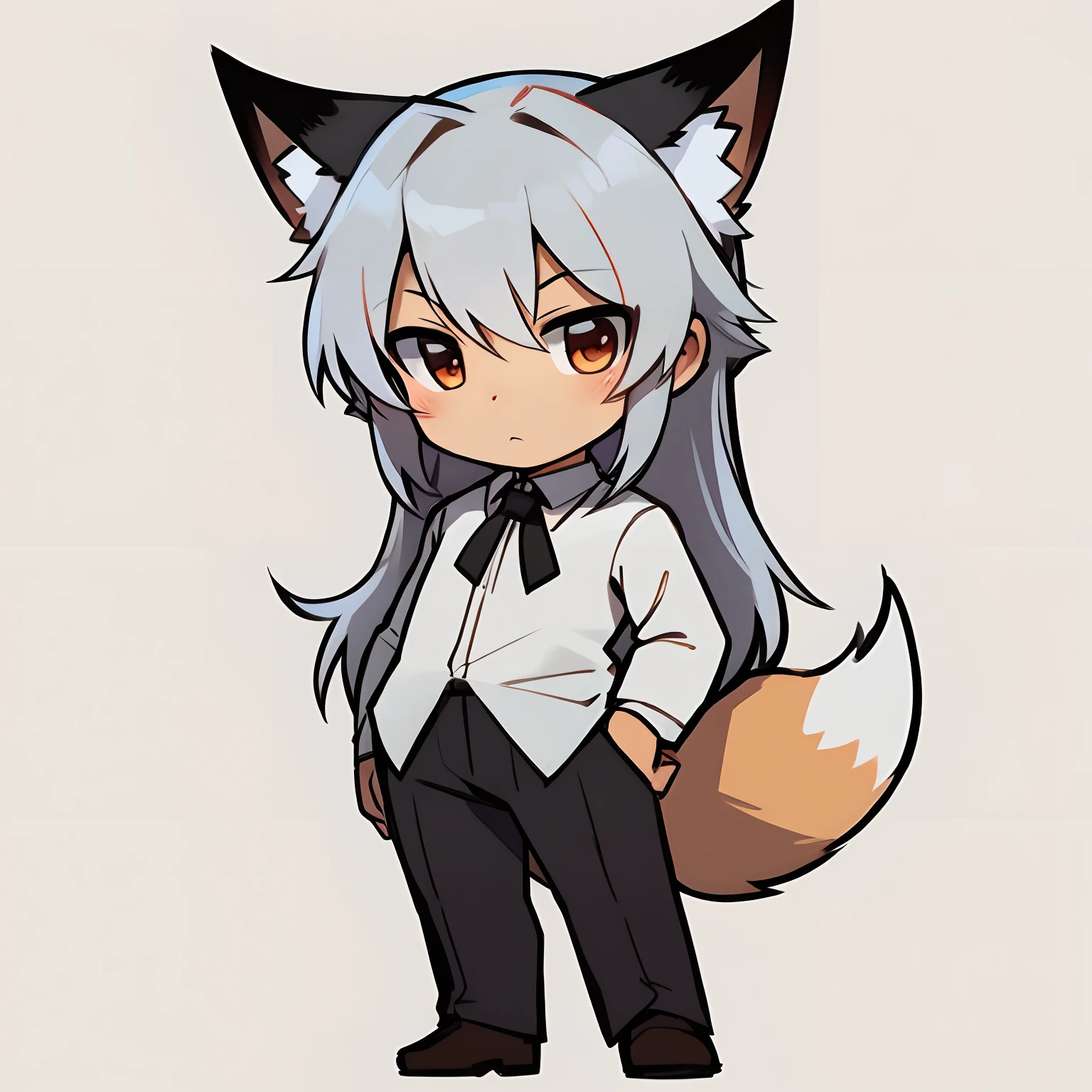 a very cute and beautiful chibi anime boy, simple flat background, full body, standing, solo, Silver long-haired human beautiful boy with fox ears、White long-sleeved shirt and black pants、Black tie、9 fox tails、White background