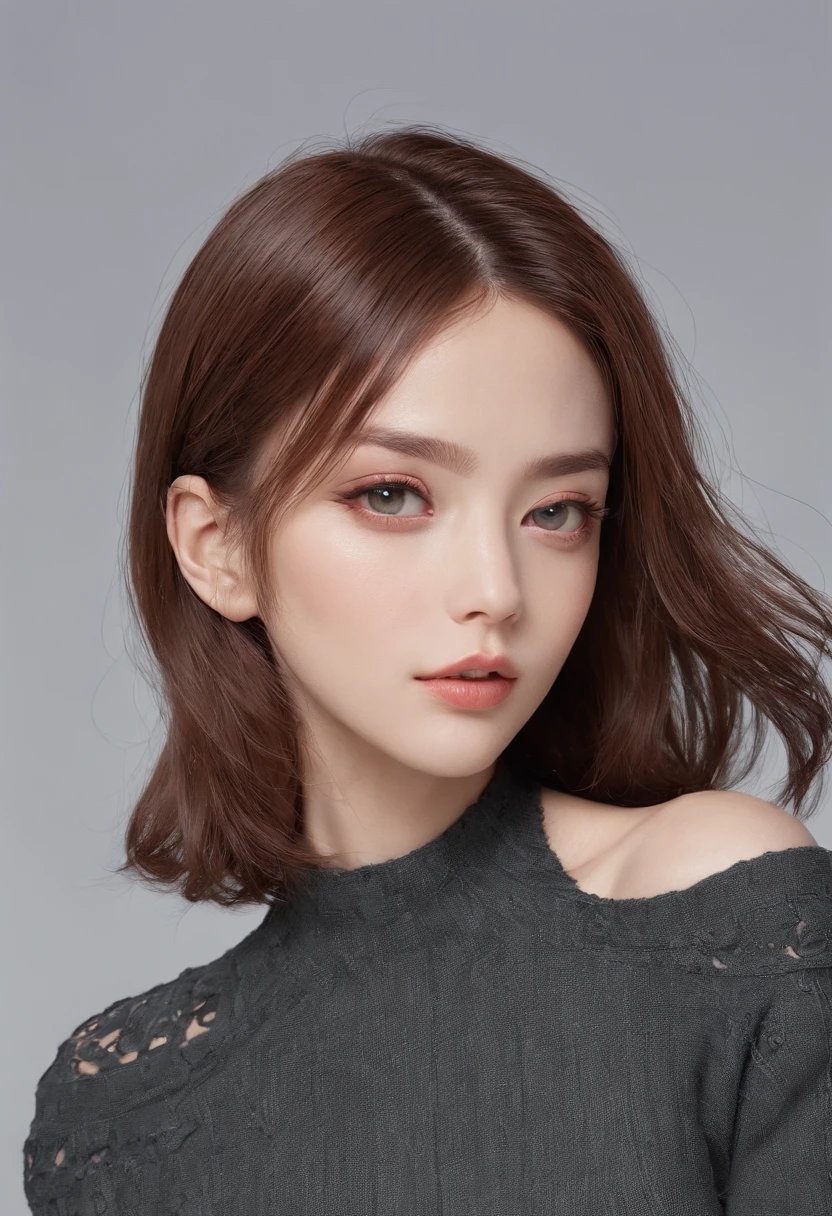 masutepiece, Best quality, illustration, Ultra-detailed, finedetail, A high resolution, 8K wallpaper, Perfect dynamic composition, Beautiful detailed eyes, Long-sleeved knit,Shoulder extension,bob hair, small boobs, Natural color lips, Random and sexy pose,Smile,20 years girl,Riman,kawa,Emphasis on the chest