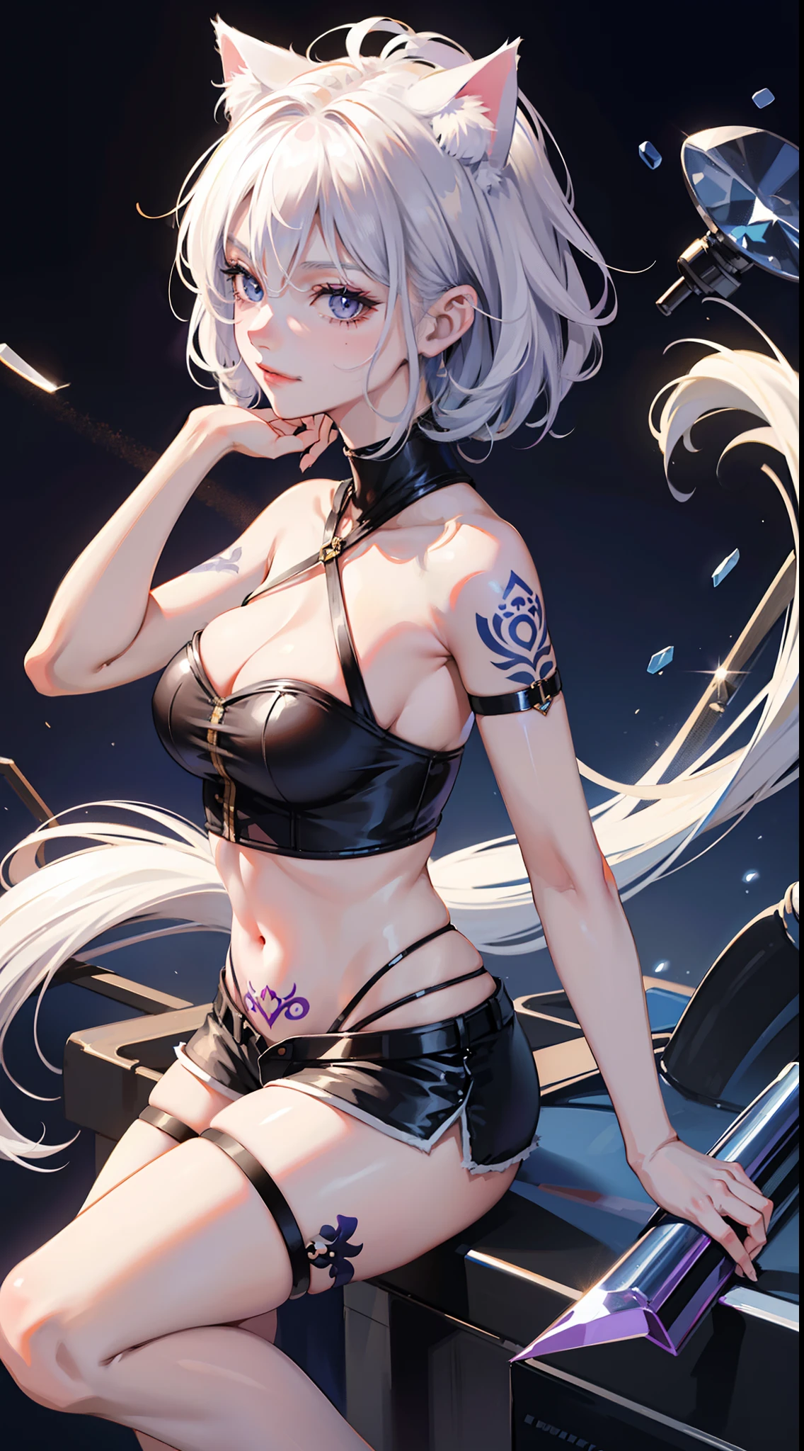 Grown-up girl, short white hair, Heteroromy, blue and purple eyes, cat ears, smirk, tight blue top, Shorts, tattoo, open belly, open breasts, Masterpiece, hiquality, 4k, HD, Good detail