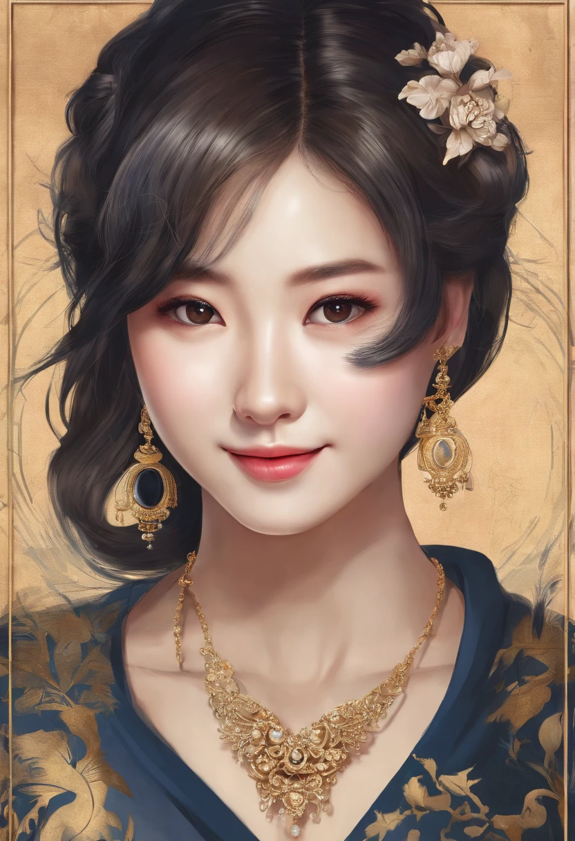 there is a woman with a necklace on her neck posing for a picture, 16 yaers old, with short hair,, slight cute smile, cute seductive smile, Beautiful Asian girl, 16 years old