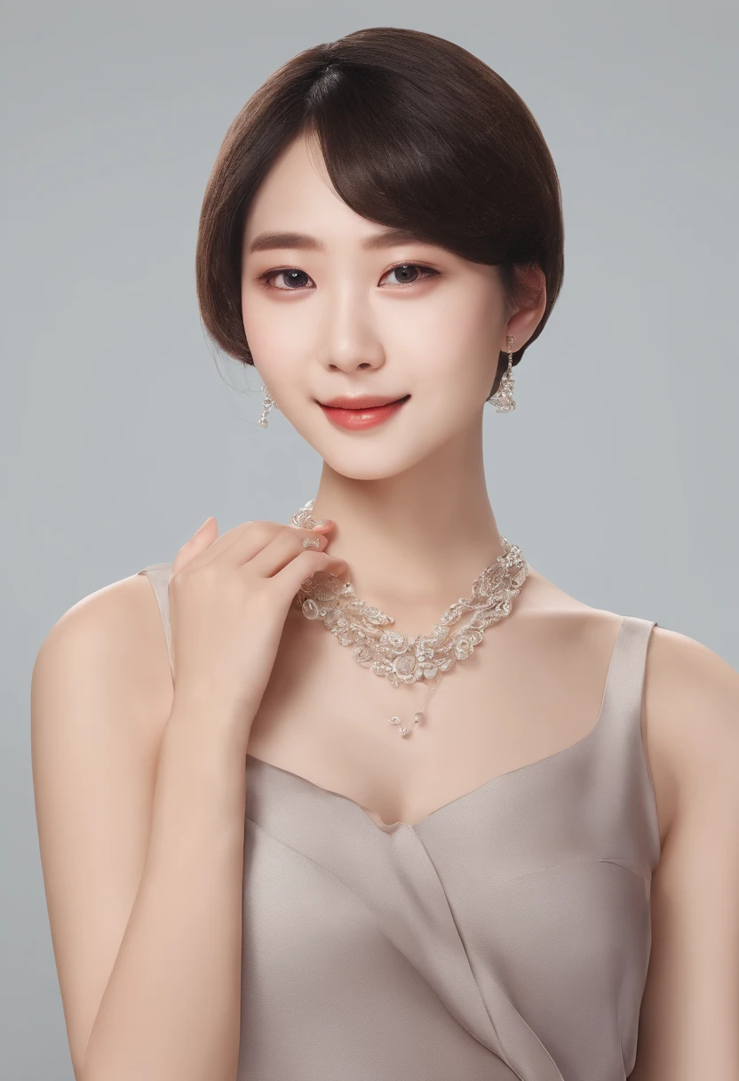 there is a woman with a necklace on her neck posing for a picture, 16 yaers old, with short hair,, slight cute smile, cute seductive smile, Beautiful Asian girl, ************