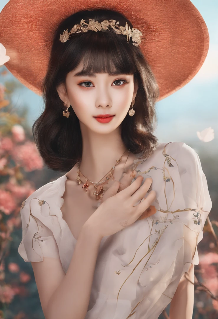 there is a woman with a necklace on her neck posing for a picture, 16 yaers old, with short hair,, slight cute smile, cute seductive smile, Beautiful Asian girl, 16 years old