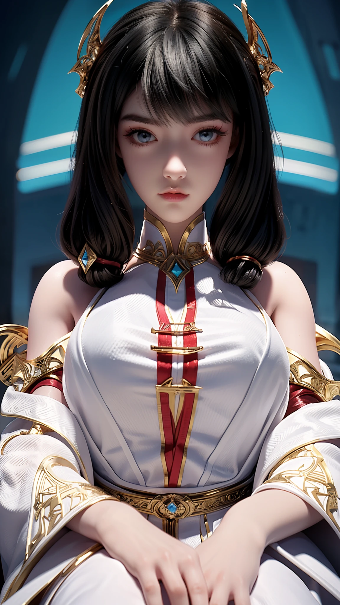 (Masterpiece:1.2), best quality, (illustration:1.2), (ultra-detailed), hyper details, (delicate detailed), (intricate details), (cinematic light, best quality Backlights), clear line, from below, solo female，perfect bodies，(1girl)，brunette color hair，blueneyes，(the emperor，White see-through garment)，，sitting on an royal throne，(is shy：1.2 ), ((makeup)), High contrast, (best illumination, an extremely create and beautiful), ((cinematic light)), Bright colors,