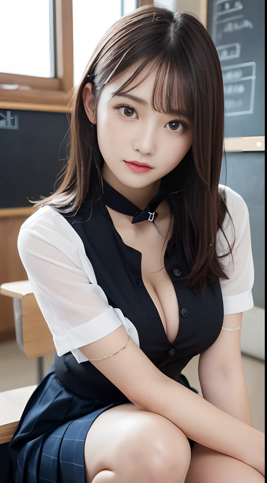 masutepiece, Best Quality, Photorealsitic, finely detail, hight resolution, 8K Wallpapers, Perfect dynamic composition, Beautiful detailed eyes, Medium Hair, Beautiful face, Perfect face, (Huge chest bulge hidden under the shirt), slender, Random and sexy poses, ( Focus on Face, Face Focus), (Wet, Button shirt with wet and tight collar、Short pleated skirt, )、()、Smile, Open mouth,Classroom、chalk board, 23 years old, (Drooping eyes 1.5), Adult beauty, Japanese、From the knee up、Kneel with your crotch wide apart、((Do not show cleavage、Wear a ribbon tie、Close the button))