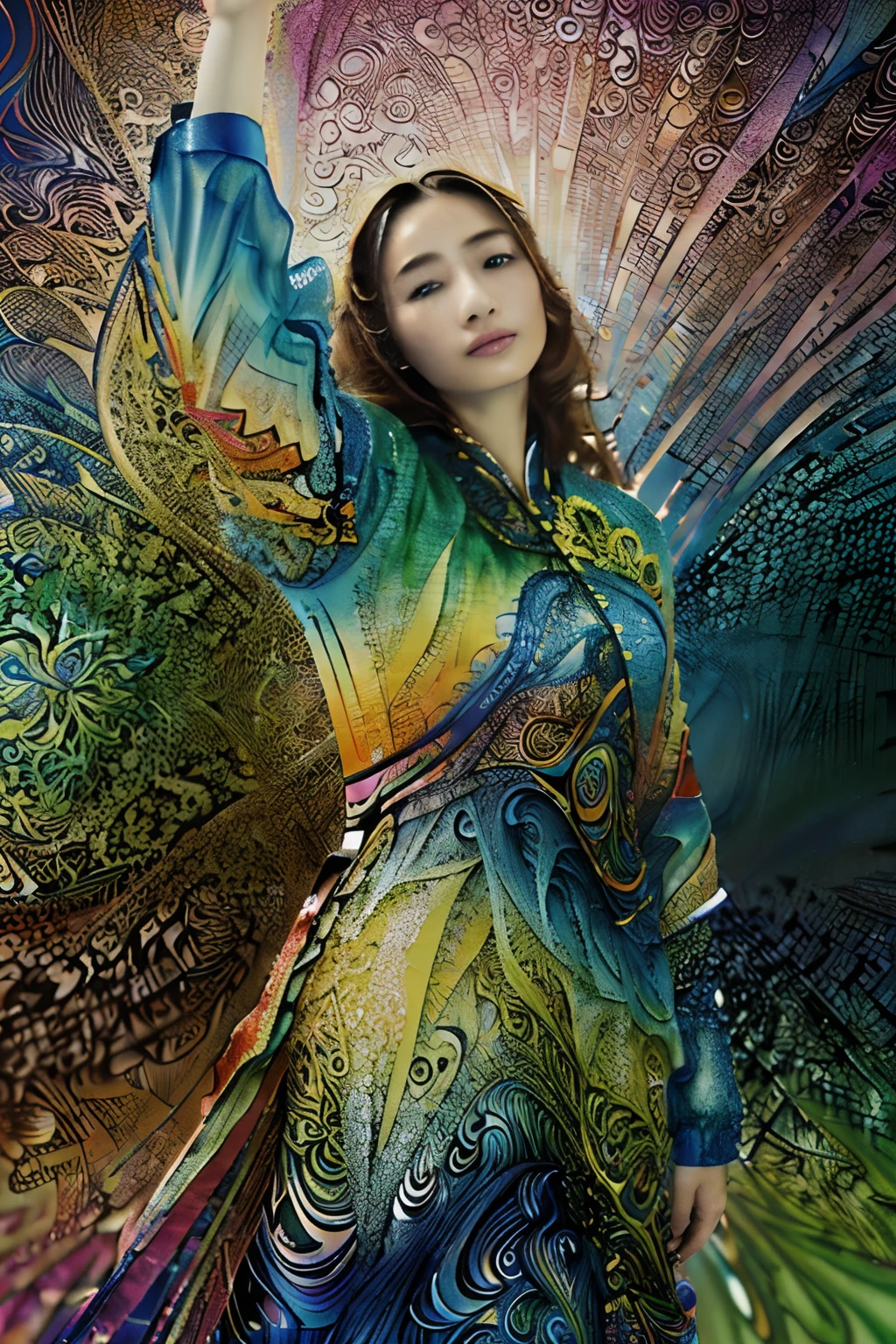 (A masterpiece, Top quality, of the best quality, official art, beautiful and aesthetic:1.2), (1女孩:1.3), extremely detailed,(fractal art:1.2),colourful,highest detailed,(zentangle:1.2), (dynamic poses), (abstract background:1.5), (treditional dress:1.2), (Shiny skin), (many colors:1.4), upperbody