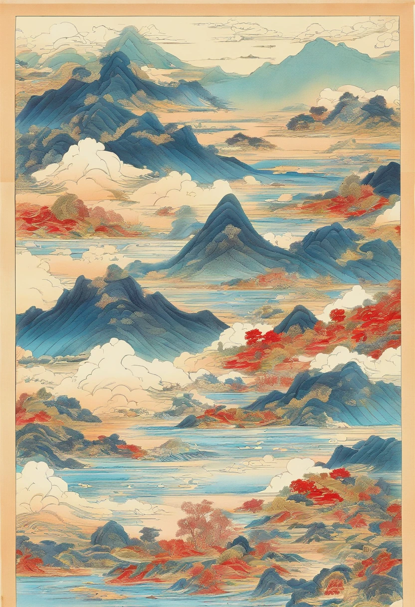 Yangtze River，the sea，parchment，Ancient mythology，Mountain and Sea Sutra，Kanagawa Tenami，cultural relic，chinaware，Ethnography，Leave white space，White drawing technique，The copy is "Jianghai Fantasy Tour, Heaven and Earth Jian True Heart"