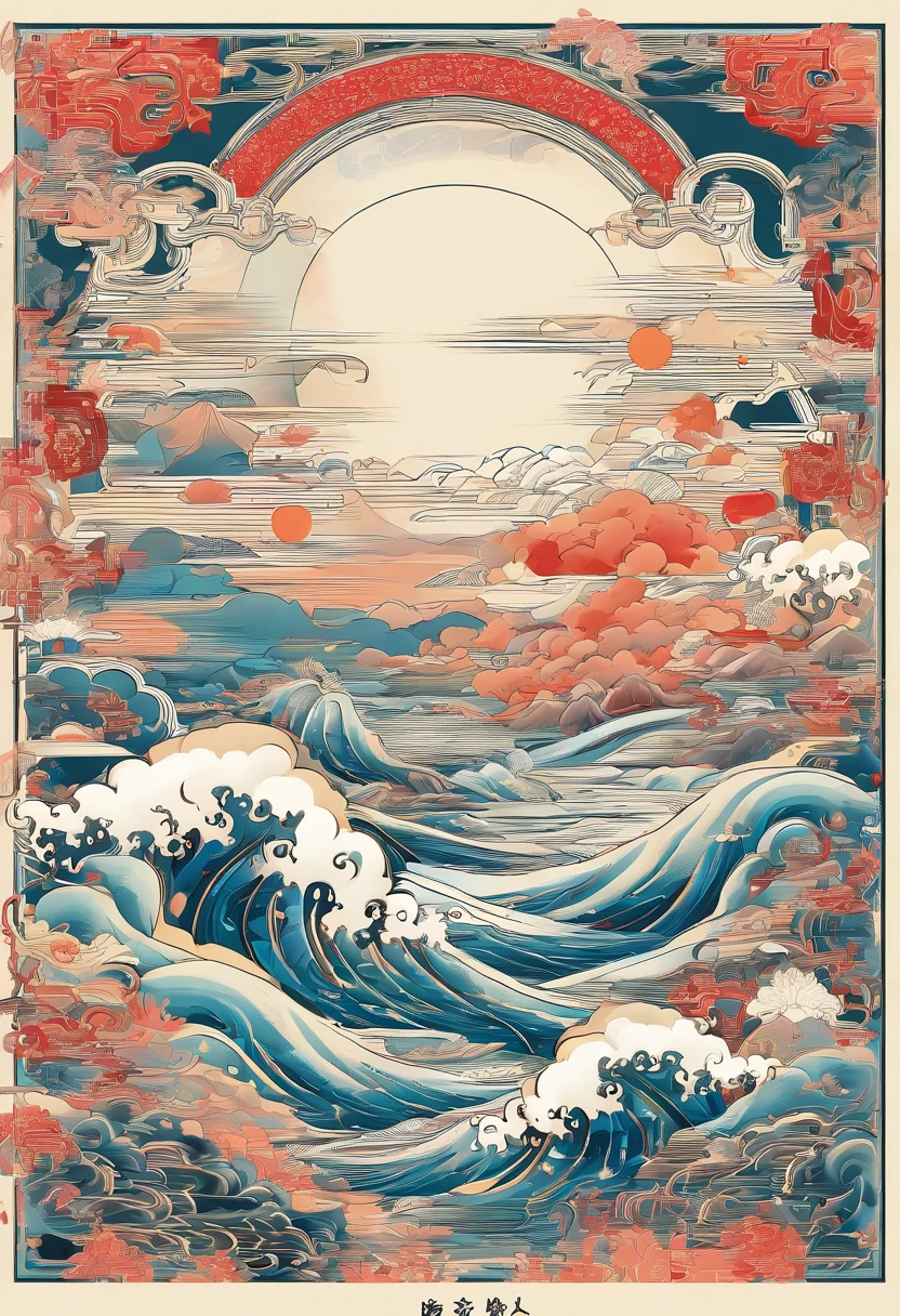 Yangtze River,the sea,parchment,Ancient mythology,Mountain and Sea Sutra,Kanagawa Tenami,cultural relic,chinaware,Ethnography,Leave white space,White drawing technique,The copy is "Jianghai Fantasy Tour, Heaven and Earth Jian True Heart"