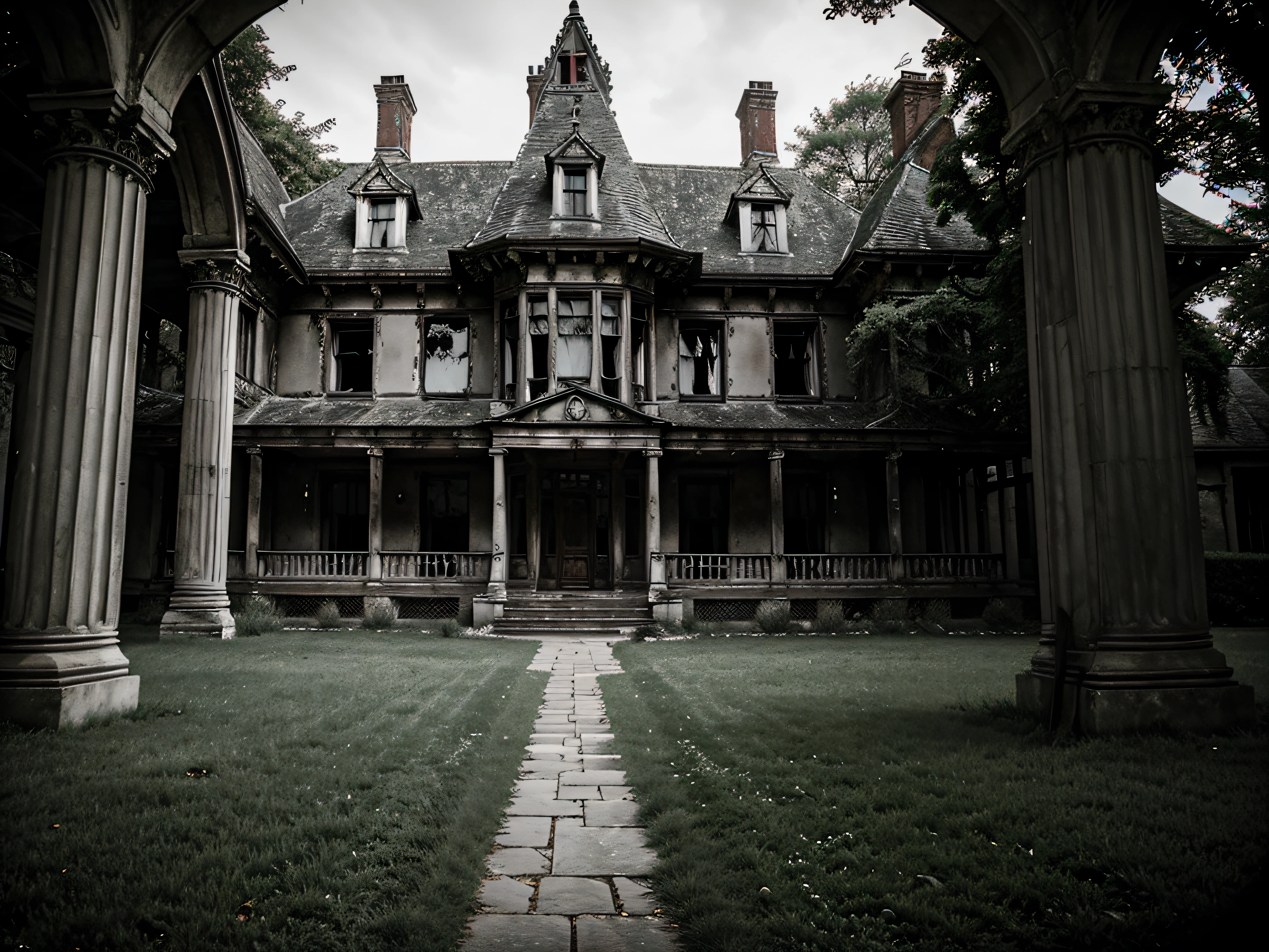 Haunted Manor: An eerie mansion with secrets, ghosts, and hauntingly beautiful architecture.