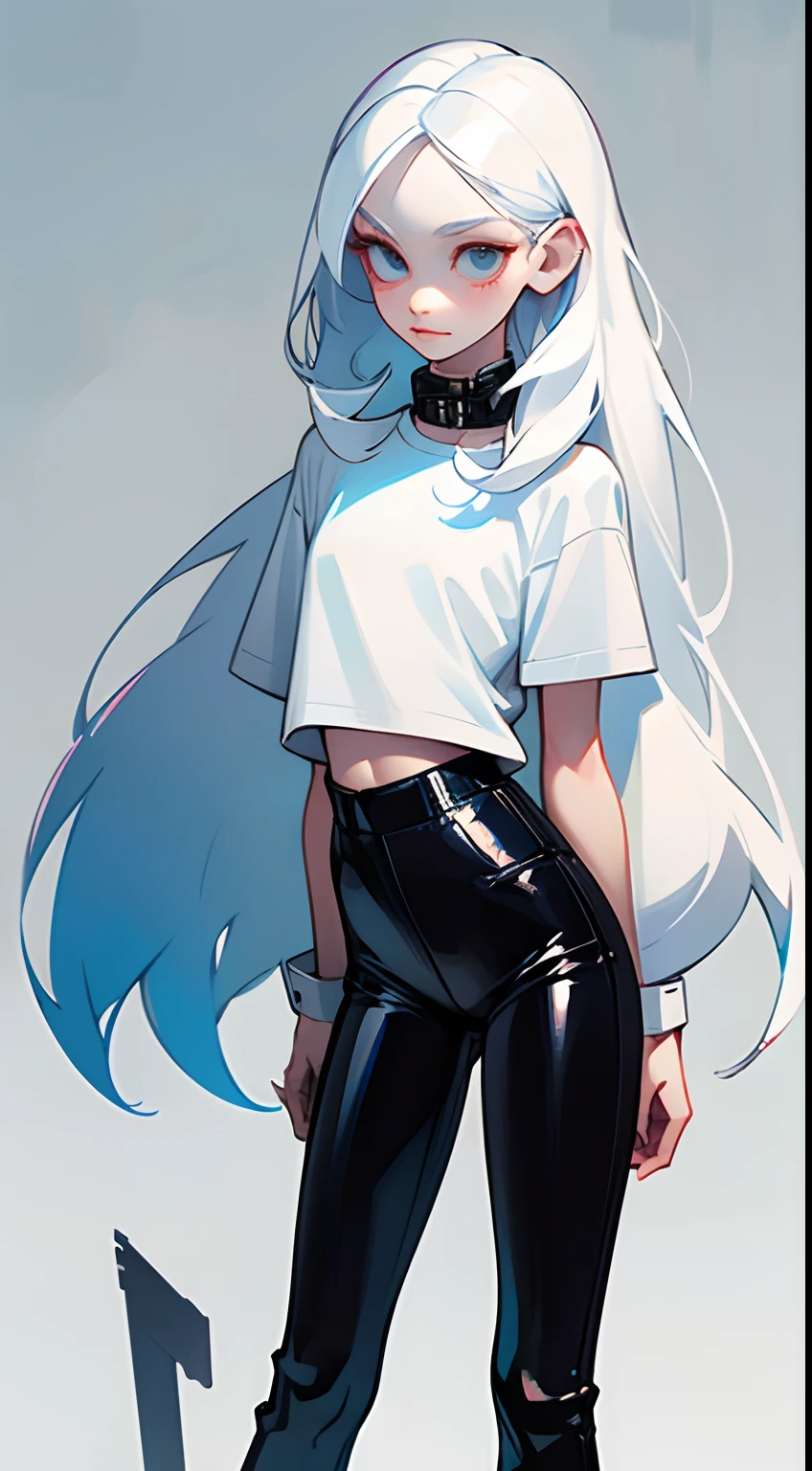 Girl with long thin white hair, White Skin Skin, Slim, beatiful face, little chest, wearing black leather pants and a white t-shirt, white sneakers, Full-length