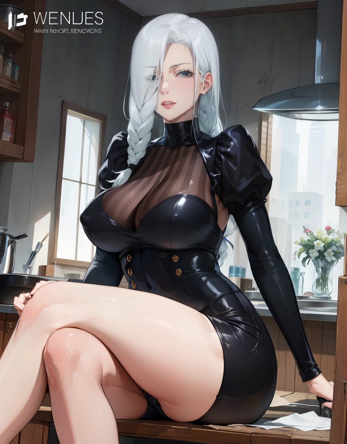 One braid completely covers one eye, hair hanging down to the forehead, (Best Quality, Masterpiece),sexy mommy, Front cover of a women's cooking magazine, erotic, 18+, nsfw, 1girl, 30 years old, Contempt, pride, hourglass figure, high heels, sexy Maid costume, beautiful food, text, diagrams, advertisements, magazine title, long white hair,blue detailed sparkling eyes,