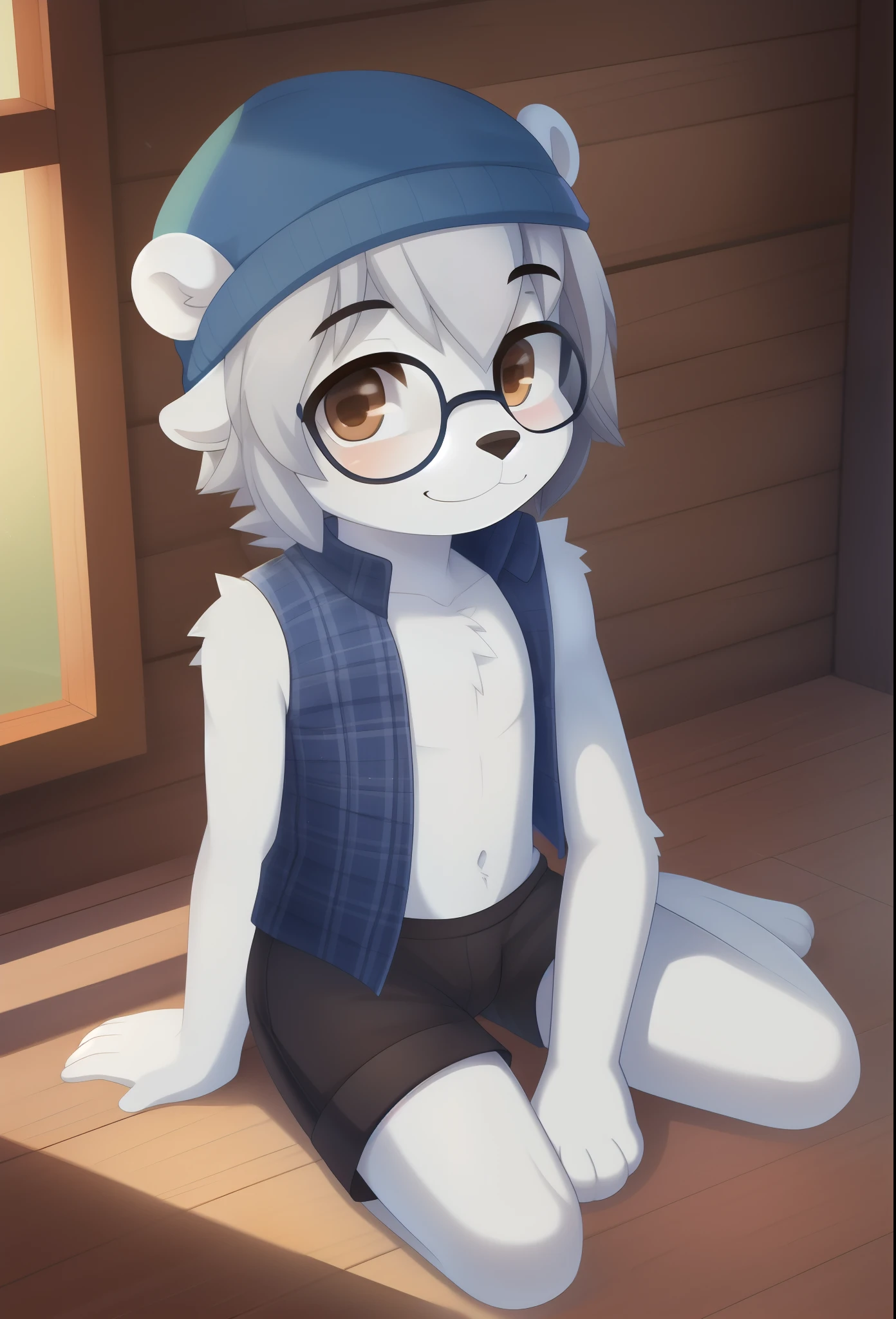 Furry shota, young, polar bear, grey hair, spiky hair, detailed body fur, brown eyes, ((winter blue vest, open clothes, nude torso, dark blue wool cap, black winter pants, glasses)), masterpiece, looking at you, white body fur, detailed face, short boy, big eyebrows, detailed eyes, detailed body, inside cabin, detailed hands, flat body, glistering body, shiny body, spectacular effects, perfect lighting, perfect shadows, perfect eyes, perfect hair, perfect face, gorgeous body, detailed background, best quality, ultra detail, good lighting, :3, down angle, skinny,