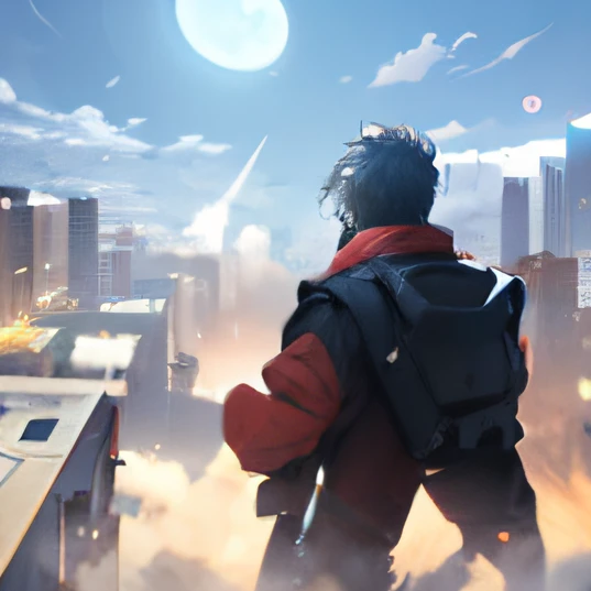 1boy,(a 13 yo boy:1.5)、Anime-style protagonist、Cyberpunk Boy、Black attire、silber hair、katanas,machine gun、Whole body bloody、Overhead view of the composition、The beginning of the adventure、Lots of clouds,heavy fog、Moon,Chaotic city of the future、dystopian、Dim lighting、Chaotic、Beautiful and fantastic scenery、Cinematic scenery、hightquality、masutepiece,in 8K、hight resolution、
