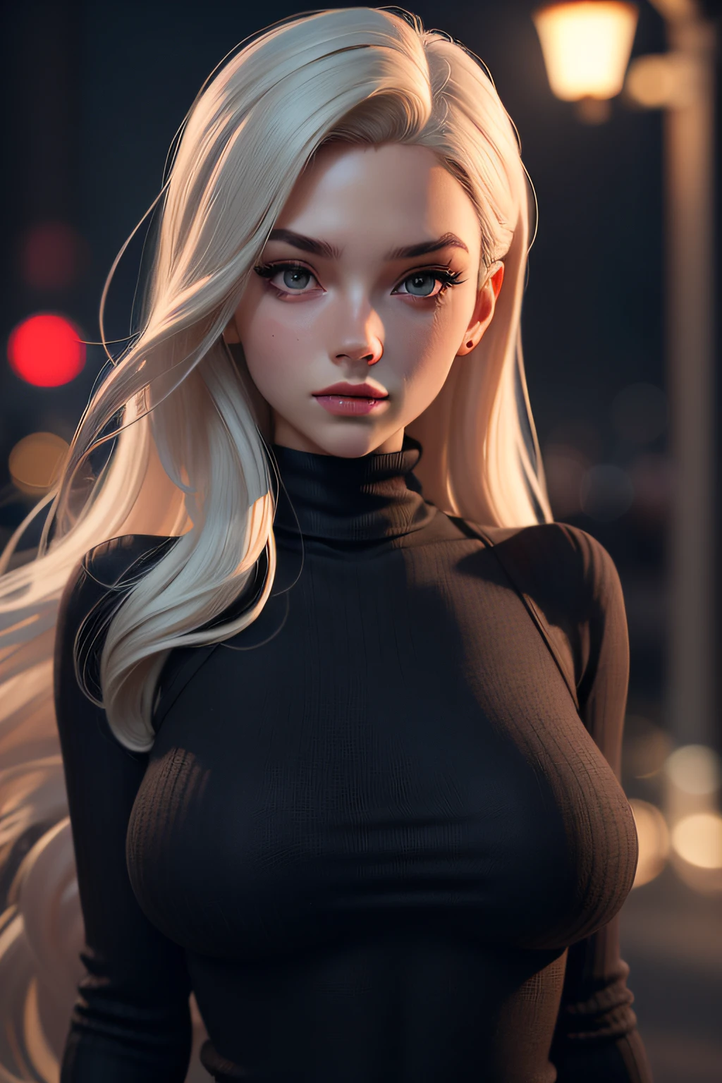 1girl,Black turtleneck sweater, big breasts,Look straight ahead, long hair, Straight hair, a dark room with lights, close-up shot, Street Background, masterpiece, best quality,3dmm style,3d,realistic, high-quality, 3D realistic works, ultra-high details, 4k, real skin materials,simple background