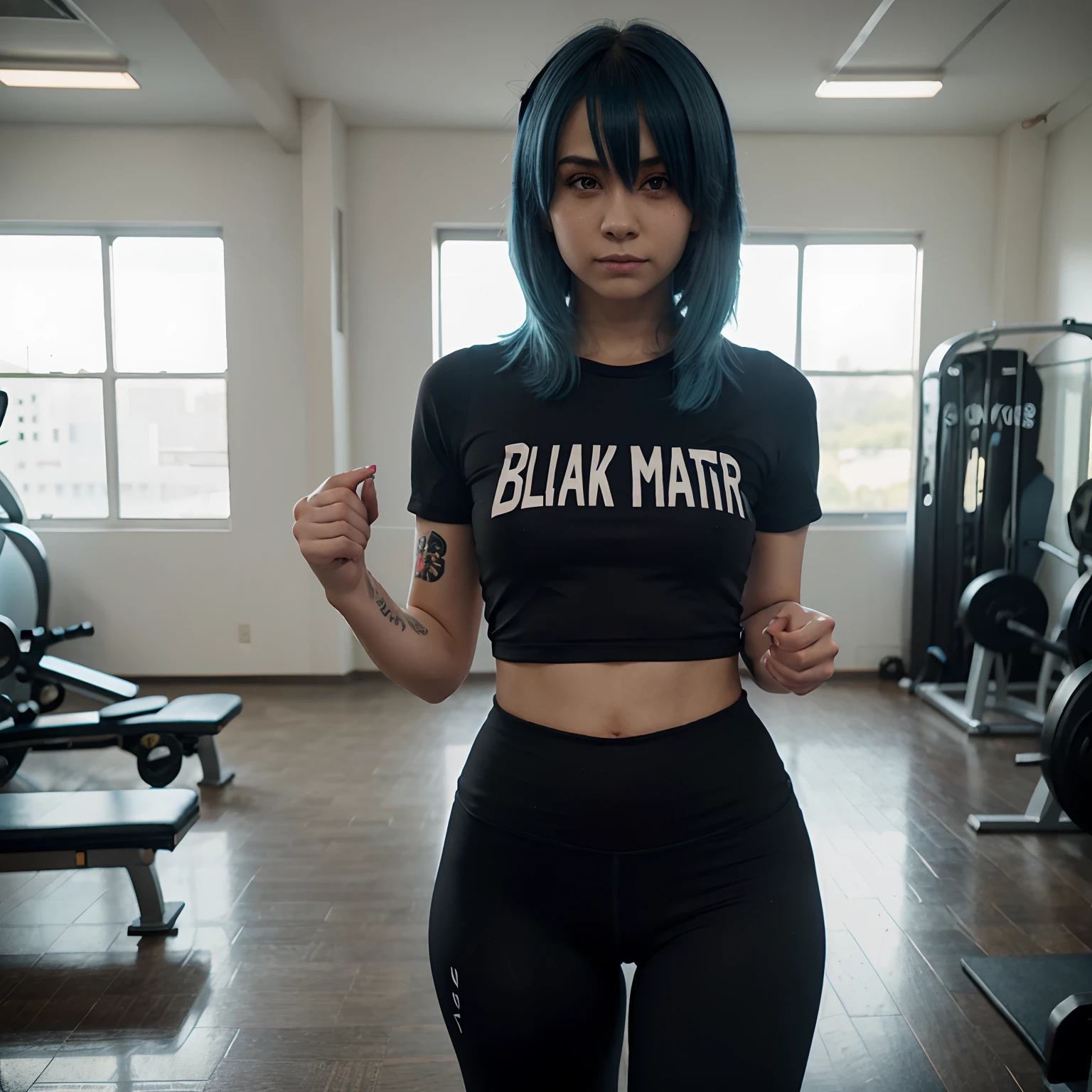 Blue Hair anime girl, in gym clothes, wearing a shirt that exactly says “Black Lives Matter,” looking at camera, disappointed with a smug look, slim waist, tight yoga pants, spade tattoo on right cheek