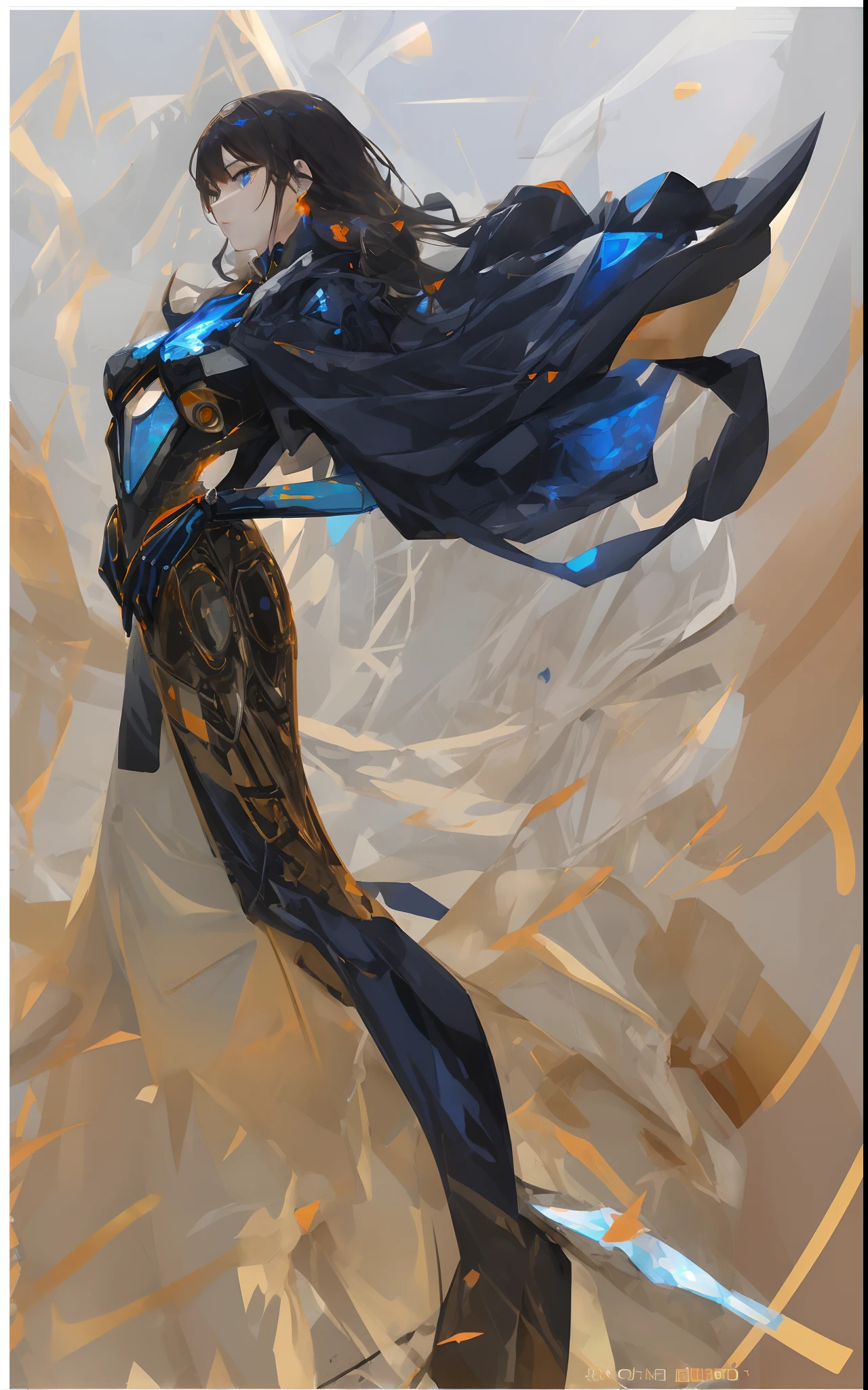 FULL BODY Character, WLOP Style Lady, Beautiful Female android, beautiful face, mechanical body, beautiful face, orange long hair, sad face, sexy beautiful eyes, Russian beauty Lady, beautiful body, not cut of top, in the style of insanely detailed illustrations, Red and Gold costume, z-brush, brown core, blue core, sparkle-effect, wearing beautiful sparkling opal, beautiful moon, anime-influenced, wind-effect, in the battlefield, background is simple, shimmering lighting, masterpiece,