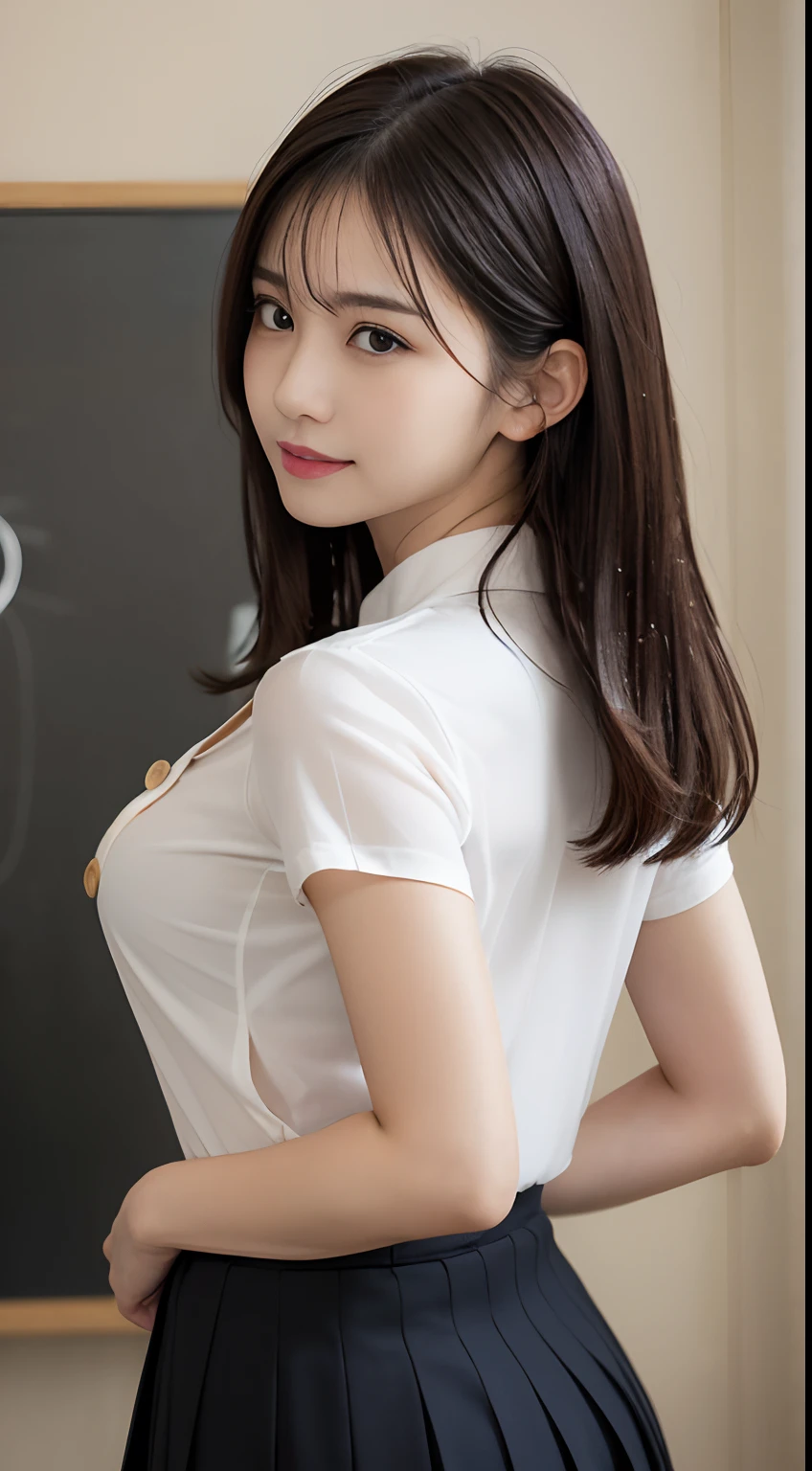 masutepiece, Best Quality, Photorealsitic, finely detail, hight resolution, 8K Wallpapers, Perfect dynamic composition, Beautiful detailed eyes, Medium Hair, Beautiful face, Perfect face, (Huge chest bulge hidden under the shirt), slender, Random and sexy poses, ( Focus on Face, Face Focus), (Wet, Button shirt with wet and tight collar、Short pleated skirt, )、()、Smile, Open mouth,‎Classroom、chalk board, 23 years old, (Drooping eyes 1.5), Adult beauty,  Japanese、From the knee up、Kneel with your crotch wide apart、((Do not show cleavage、Wear a ribbon tie、Close the button、backshots、sideshot))