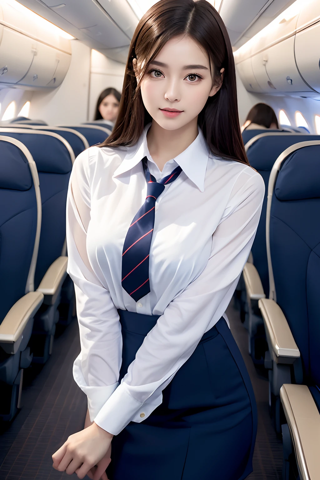 Top Quality, Masterpiece, 8K, Ultra High Definition, (Photorealistic: 1.4), 1 Girl, Beautiful Face, Symmetrical Eyes, Big, Perfect Body Proportions, Stewardess Uniform, Viewer's Look, (Inside the Airplane: 1.2), Front View, Shoulder Jump, Absolute Area (1.3),