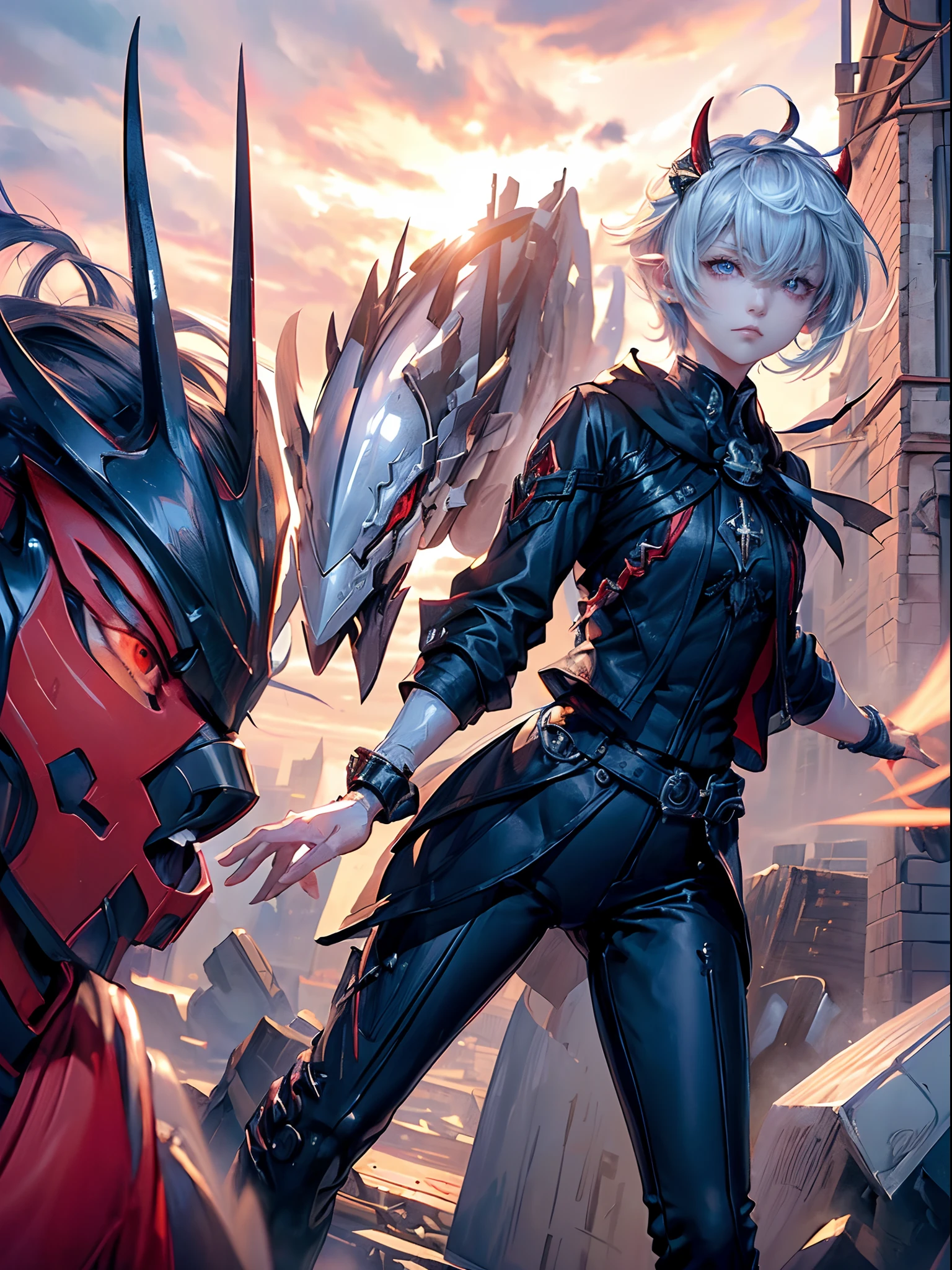((4K works))、masterpiece、(top-quality)、One Beautiful Girl、One Evil Man、((Male and female photos))、Slim body、tall、((Black Y-shirt and white pants、Charming street style))、Please wear one jacket、Wearing a hood to hide his face、(Detailed beautiful eyes)、Midnight Combat、In the fight against the demon man、((In battle on a cloudy sky))、((Two are fighting while flying in the sky))、((Flying in the sky))、saddened、suffocating、desolate、((Pitch black sky))、((Face similar to Carly Rae Jepsen))、((Short-haired white hair))、((Smaller face))、((Neutral face))、((With a woman with bright blue eyes))、((Devil Man With Bright Red Eyes))、((American Adult Women and Men))、((Adult female and male 26 years old))、((With cool ladies))、((demon male))、((Like a celebrity))、((Korean Makeup))、((elongated and sharp eyes))、((angry expressions))、((In the fight with the sword))、((boyish))、Professional Photos、((Shot by two))、((She's fighting demon men))、((She is in front of the viewer))、((She is fighting in a distant place))、((In front of her is an evil man flying))、((She is flying in the sky and fighting))、horor、Photos of sadness、((Photos during the battle))
