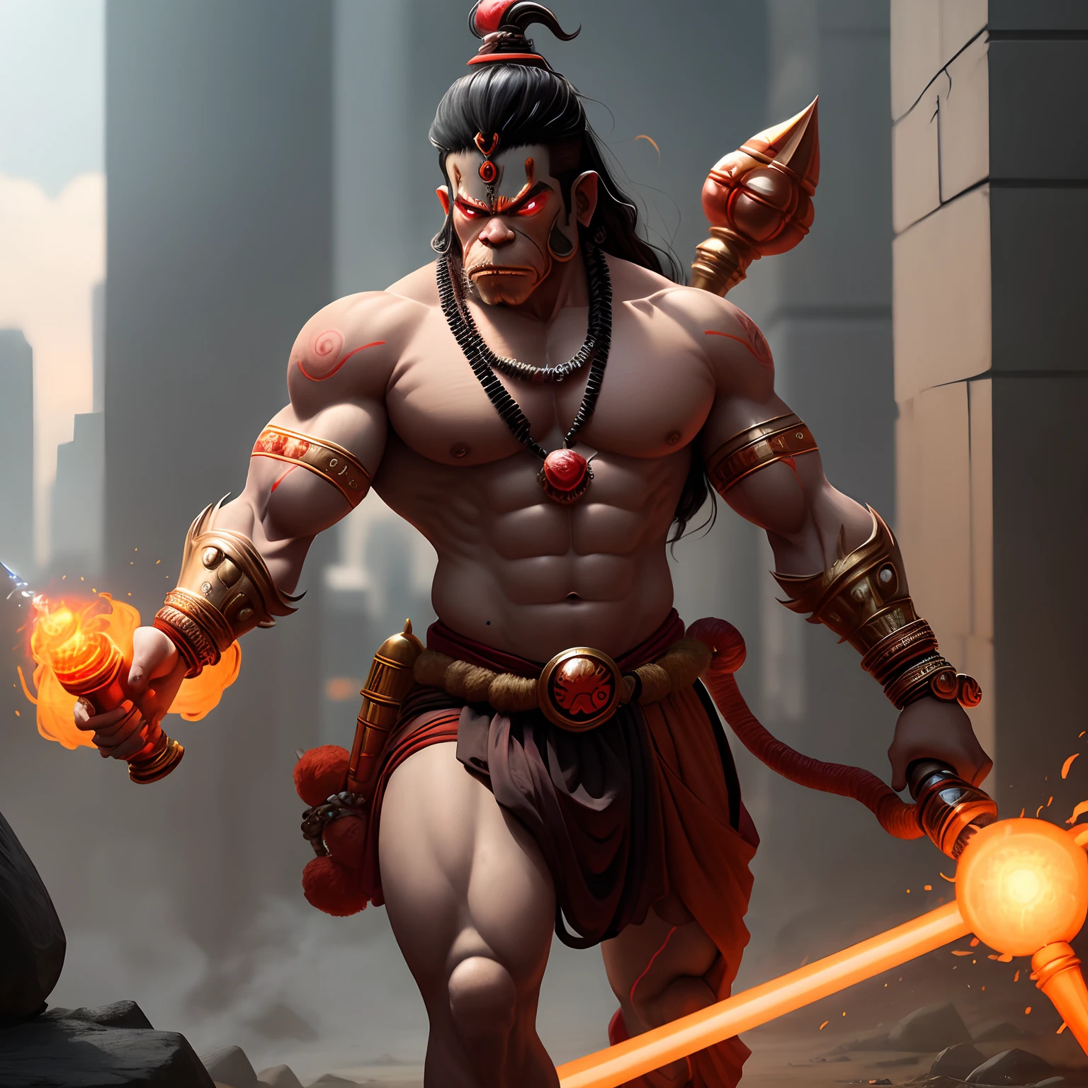 Lord Hanuman ji full of body, cyberpunk in full anger, mace in hand, full body, red eyes, trident in hand. In the lanka , ultra realistic 8k