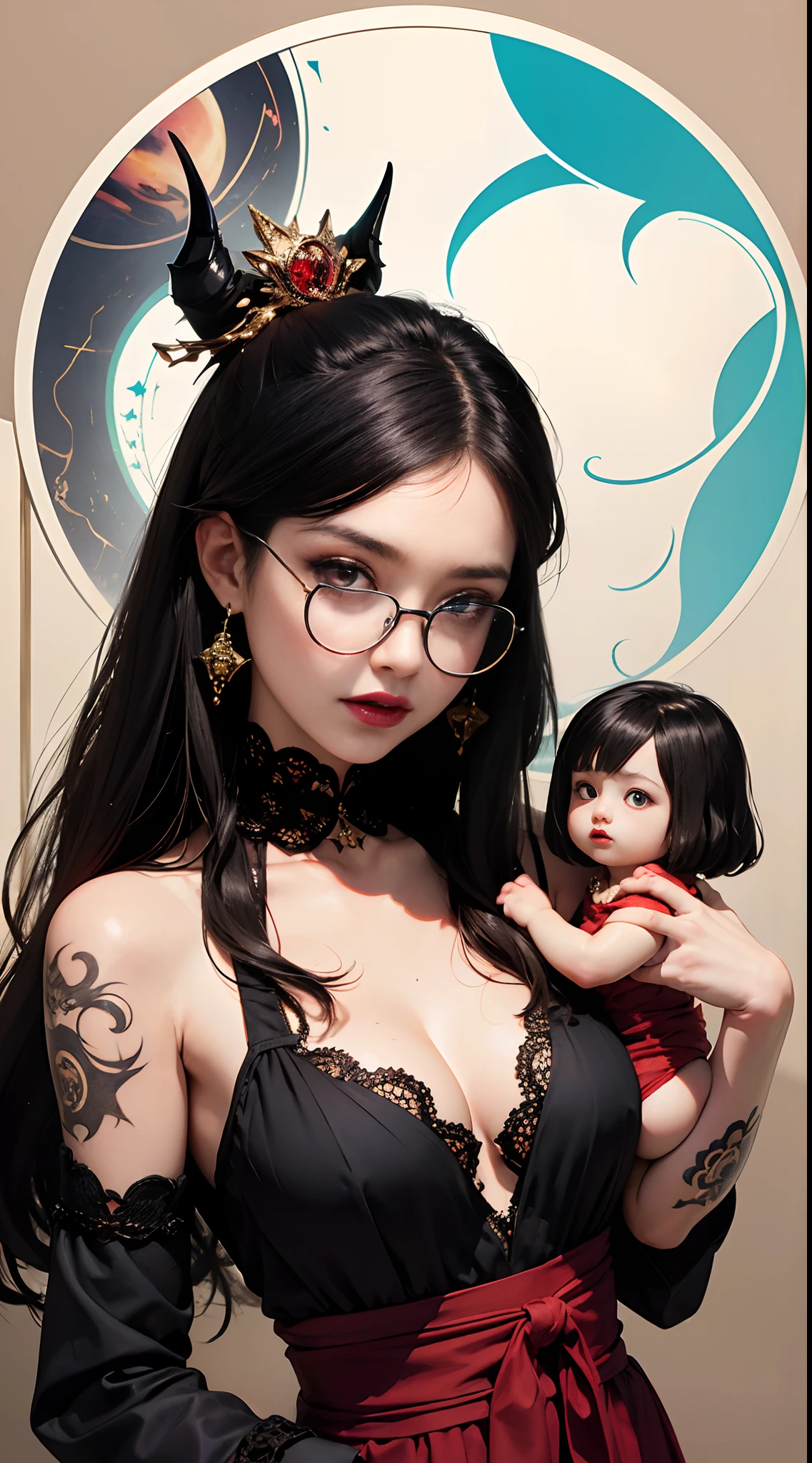 1 beautiful devil woman from hell, surreal female portraits by David Hockney and Alphonse Mucha, Fantasy Art, Chinese Doll, Photorealism, Dynamic lighting, art stations, poster for, Volumetric lighting, Intricate tattoos on the face with highly detailed details, demonic intricate tattoos, thigh tattoos, body tattoos, 8k ultra, Awarded, In the Dark, lowkey, cowboy lens, (Black Phoenix Dress: 1.0), Long hair, Black hair, Bust, Devil's Palace, devil crown, red eyes make up very sharp and detailed, The most beautiful face, a 、Seductive body、((((black-rimmed round glasses))))、 Super tight breasts, Breast augmentation surgery, The breasts are very big and round and round, Super realistic, Black Dark Magic Dress, Charming smile, The eyes are very well made up, ((Red Eye:1.0)), guweiz, devil style, wearing black mesh socks, Ponytail with a bow tied at the back of the hair, plump beautiful red lips, wearing a thin red and black robe, Hands pull the straps to expose sexy breasts, the landscape is overcast and thunderous, Beautiful female demon portrait, Protagonist Close-up、intricate tattoos, demonic intricate tattoos, thigh tattoos, body tattoos, (Detailed spooky backgrounds:0.8), nffsw, nffsw, The 8k quality, detailed pixel, Meet beautiful girls, Look at the girl's body, ((((black-rimmed round glasses))))、Portrait of a woman dressed in black magic clothes、Portrait of a Superhuman Woman by David Hockney and Alphonse Mucha, Portrait of an enchanting woman by court painter's fantasy art, Fantasyart、Chinese Doll、Seductive Woman、a baby faceaii、Portrait of an enchanting woman by a court painter