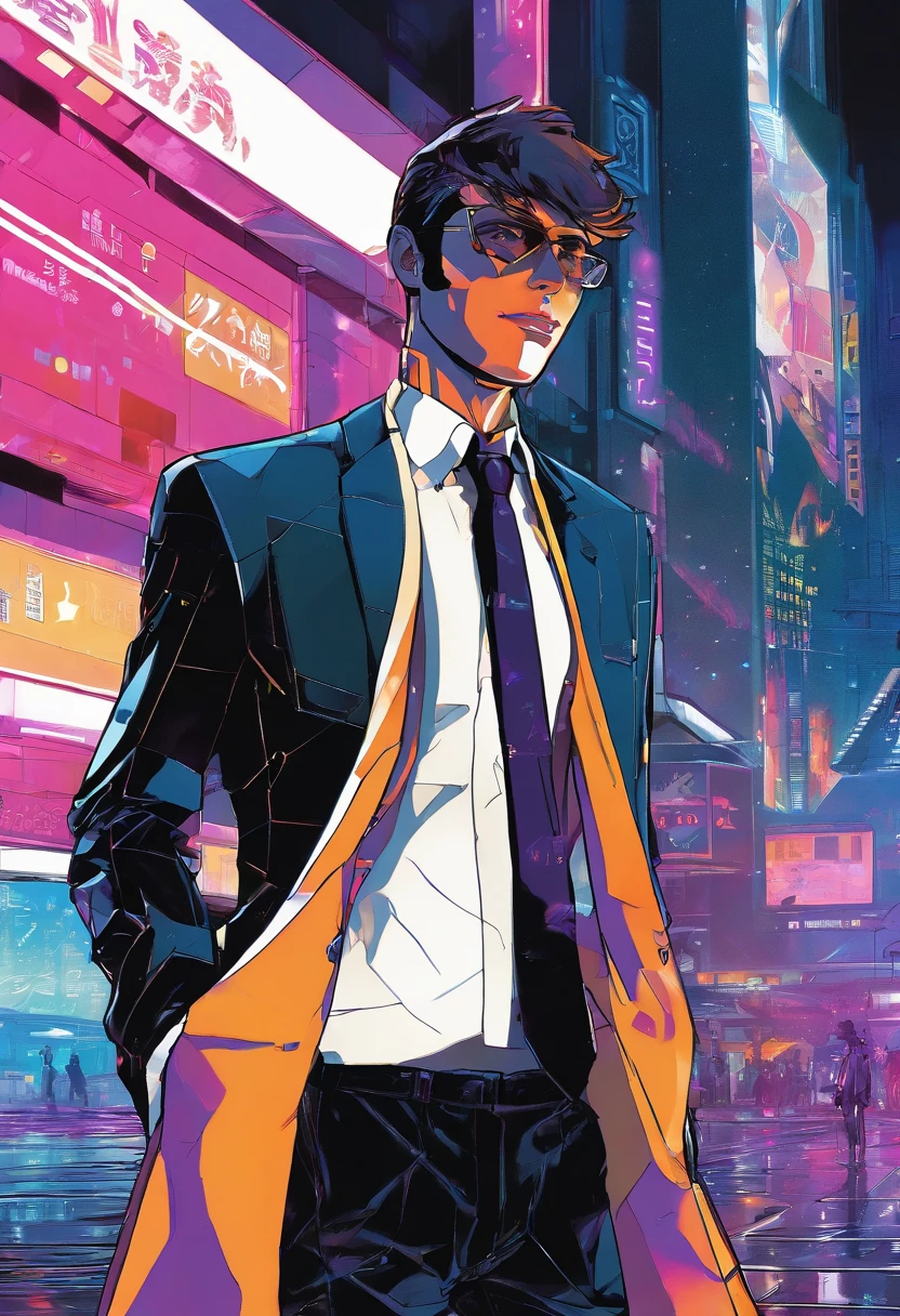 ((Skinny, lanky, normal, mid-30s, unshaven, white, ((American, pale skin, english)), male, businessman walking under night sky with moon out wearing a basic suit and tie)), cowboy shot, ((ultra detailed neon cyberpunk futuristic city )), (black short shaggy hair with purple highlights), detailed and intricate ((cyberpunk city streets background)), featuring high-tech holographic projections and sleek architecture, art by (((Syd Mead, Masamune Shirow))), (highly detailed photo realistic), sharp focus, ultra high quality, vibrant, (shiny skin:1.4), shiny lips, (symmetrical detailed face:1.7), masterpiece, (cinematic lighting), ((male))