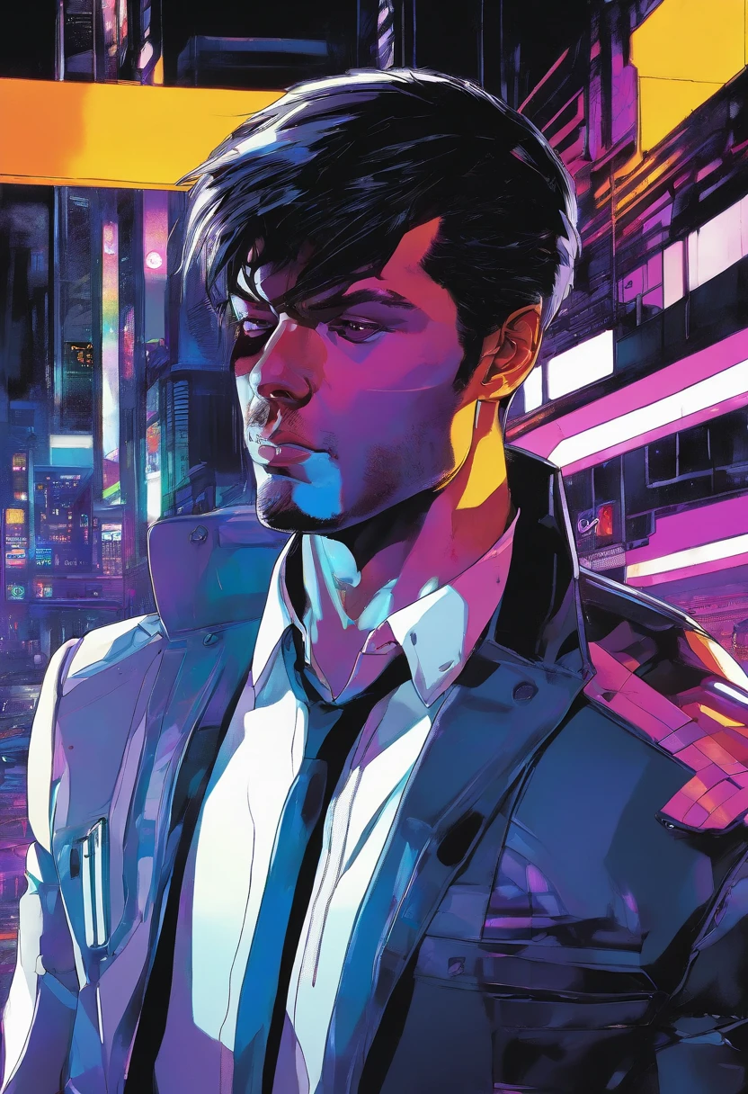 ((Skinny, lanky, normal, mid-30s, unshaven, white, ((American, pale skin, english)), male, businessman walking under night sky with moon out wearing a basic suit and tie)), cowboy shot, ((ultra detailed neon cyberpunk futuristic city )), (black short shaggy hair with purple highlights), detailed and intricate ((cyberpunk city streets background)), featuring high-tech holographic projections and sleek architecture, art by (((Syd Mead, Masamune Shirow))), (highly detailed photo realistic), sharp focus, ultra high quality, vibrant, (shiny skin:1.4), shiny lips, (symmetrical detailed face:1.7), masterpiece, (cinematic lighting), ((male))