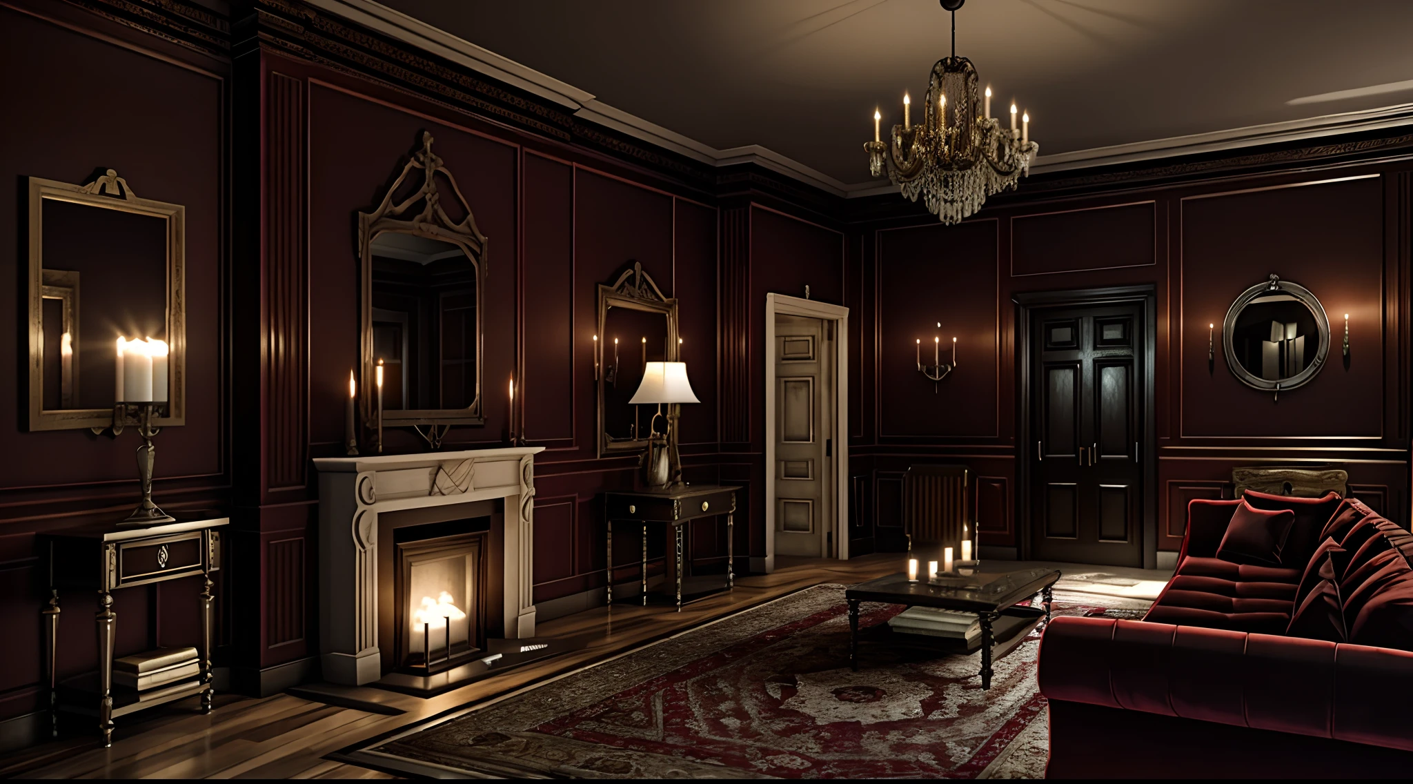Photorealistic realism, final render, resident evil mansion blood old haunted spencer mansion living room dark darkness night scary candle lit